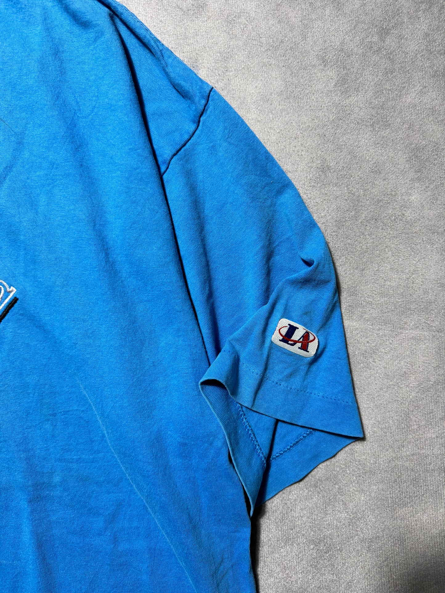 1993 Carolina Panthers Vintage Blue Logo Athletic Embroidered Spellout NFL Tee (XL)