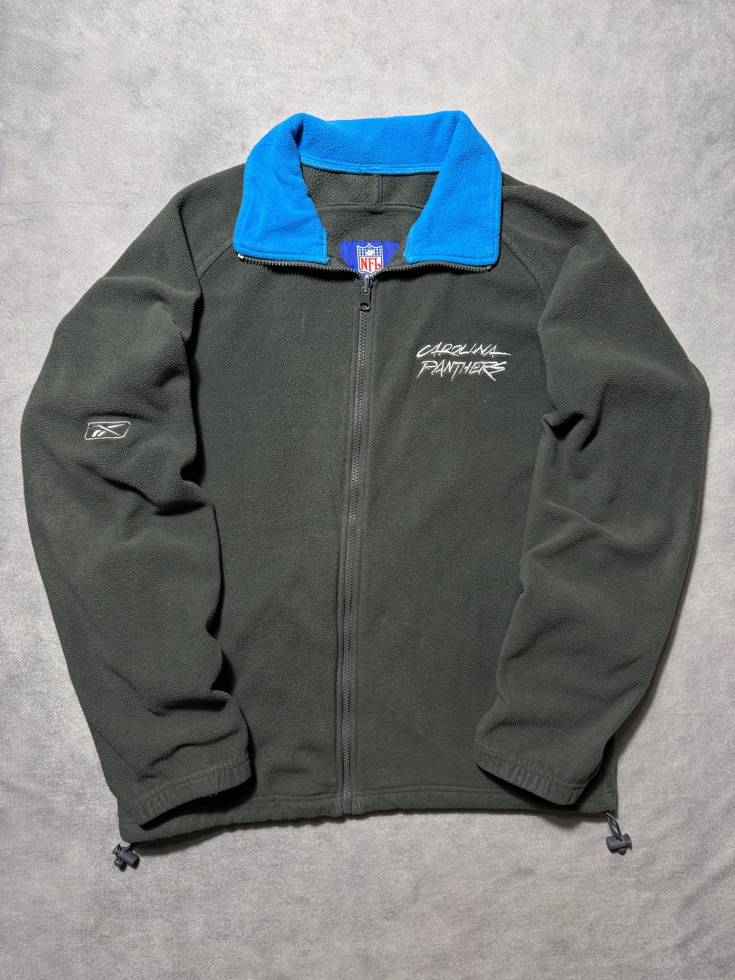 00’s Carolina Panthers Vintage Dark Grey/Blue Cat Scratch Font Reebok NFL Fleece Zip Up Jacket (Medium)