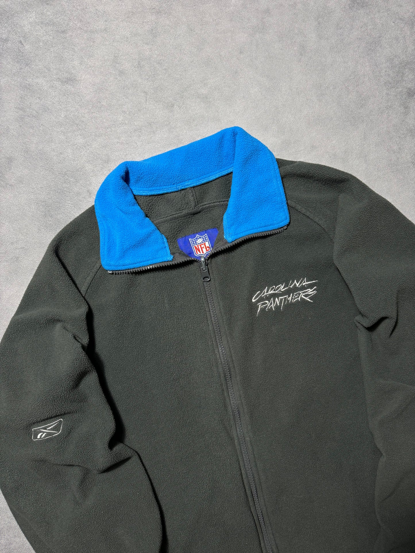 00’s Carolina Panthers Vintage Dark Grey/Blue Cat Scratch Font Reebok NFL Fleece Zip Up Jacket (Medium)