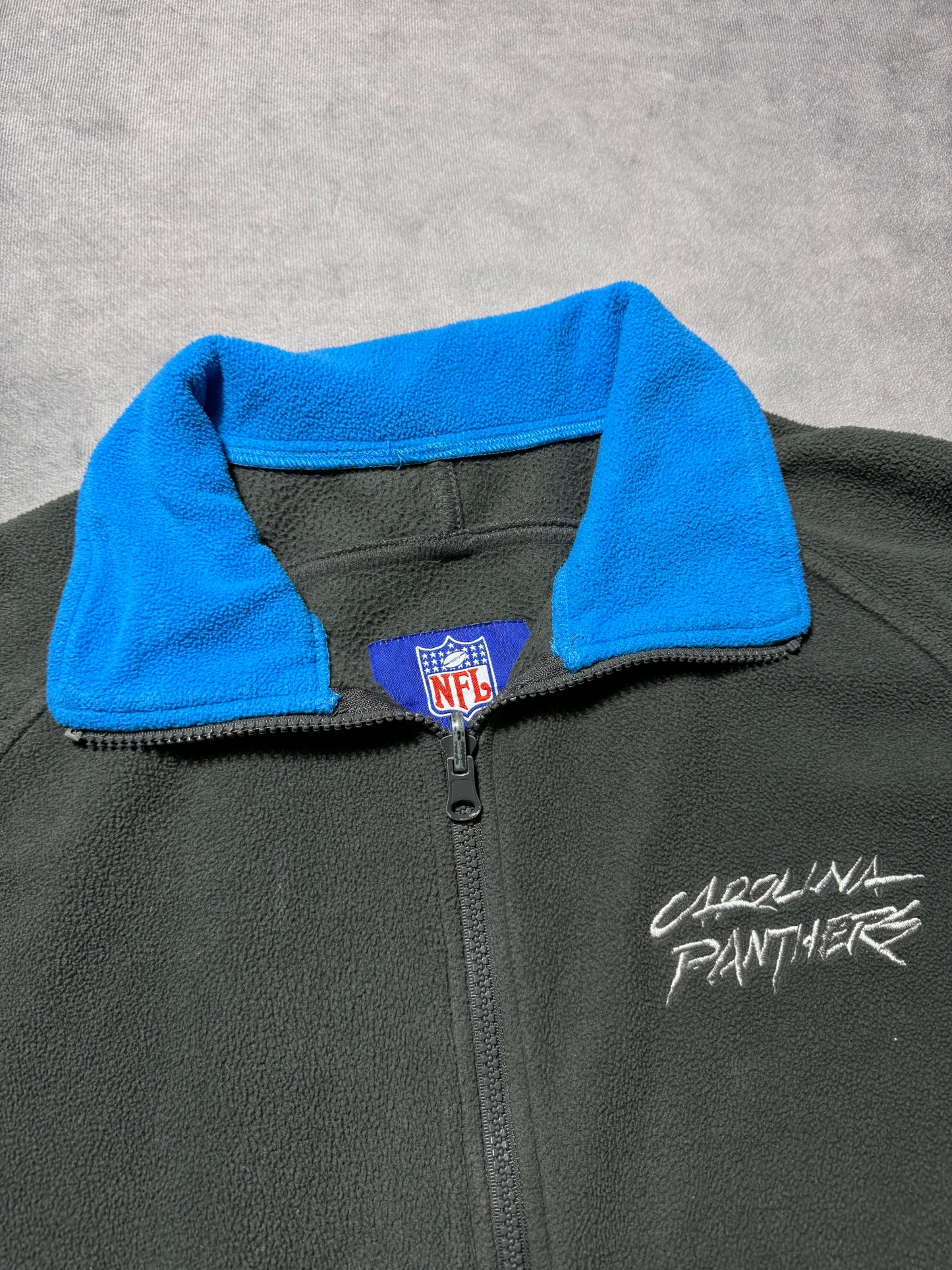 00’s Carolina Panthers Vintage Dark Grey/Blue Cat Scratch Font Reebok NFL Fleece Zip Up Jacket (Medium)