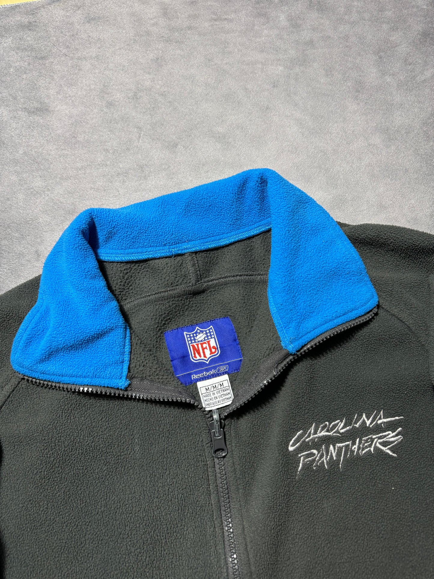 00’s Carolina Panthers Vintage Dark Grey/Blue Cat Scratch Font Reebok NFL Fleece Zip Up Jacket (Medium)