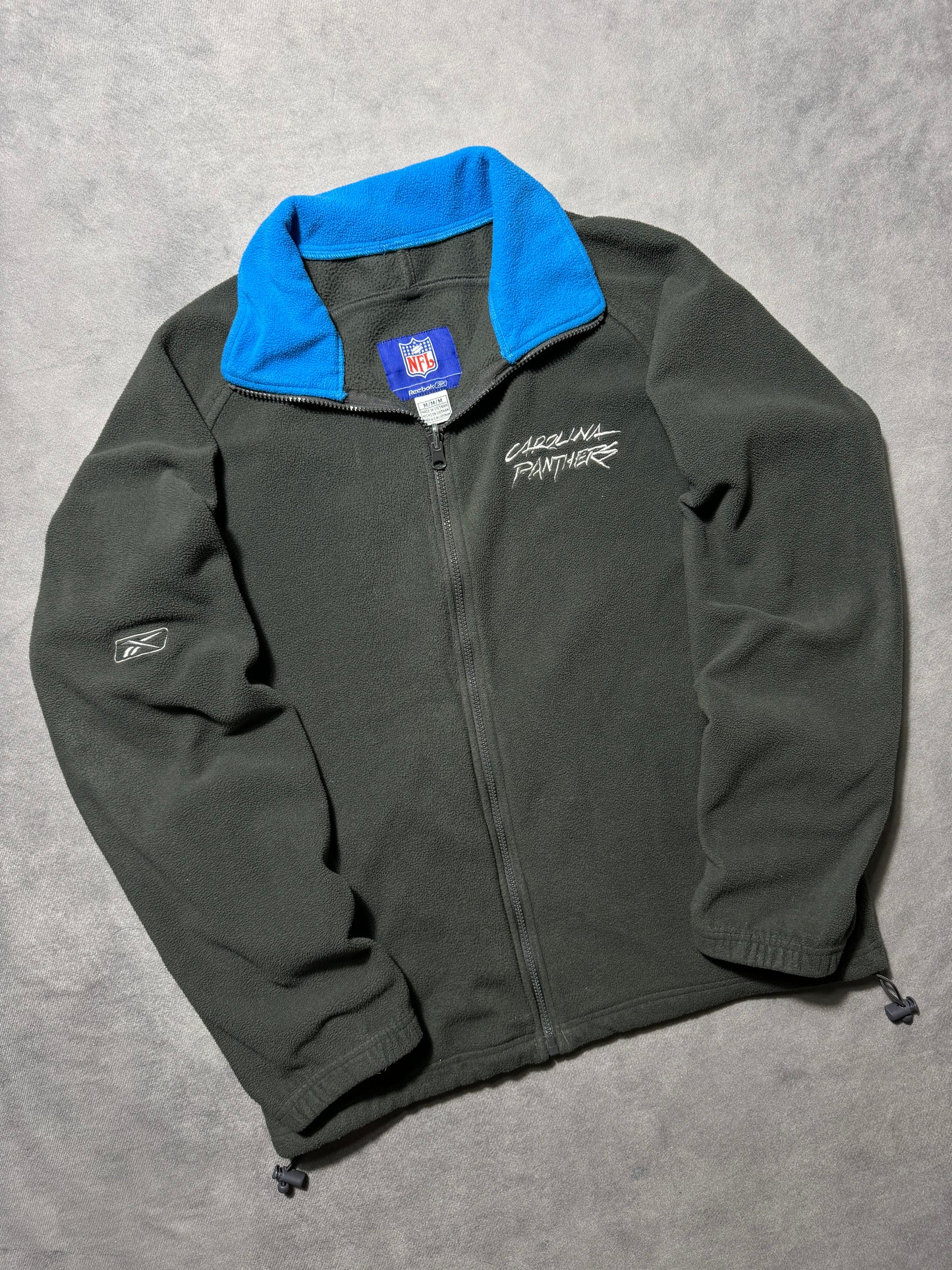 00’s Carolina Panthers Vintage Dark Grey/Blue Cat Scratch Font Reebok NFL Fleece Zip Up Jacket (Medium)