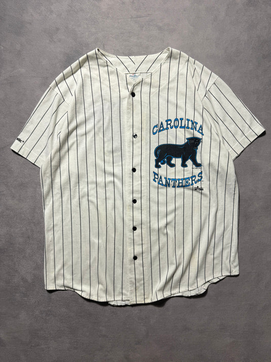 1993 Carolina Panthers Vintage White Majestic Pinstriped Alternate Full Cat Logo Cotton NFL Baseball Jersey (Large)