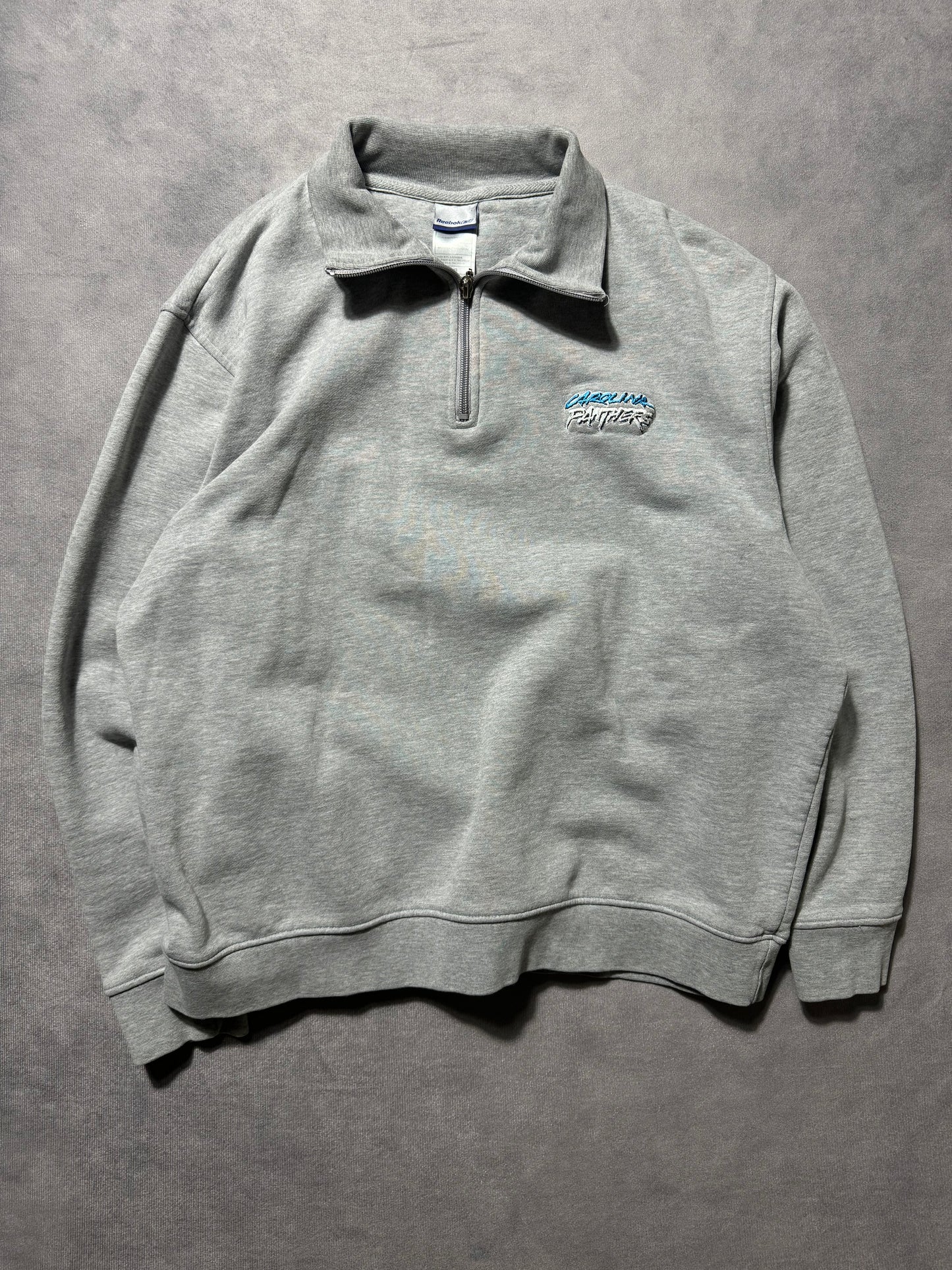 00’s Carolina Panthers Vintage Grey Reebok Cat Scratch Font Embroidered Quarter Zip NFL Pullover (Medium)