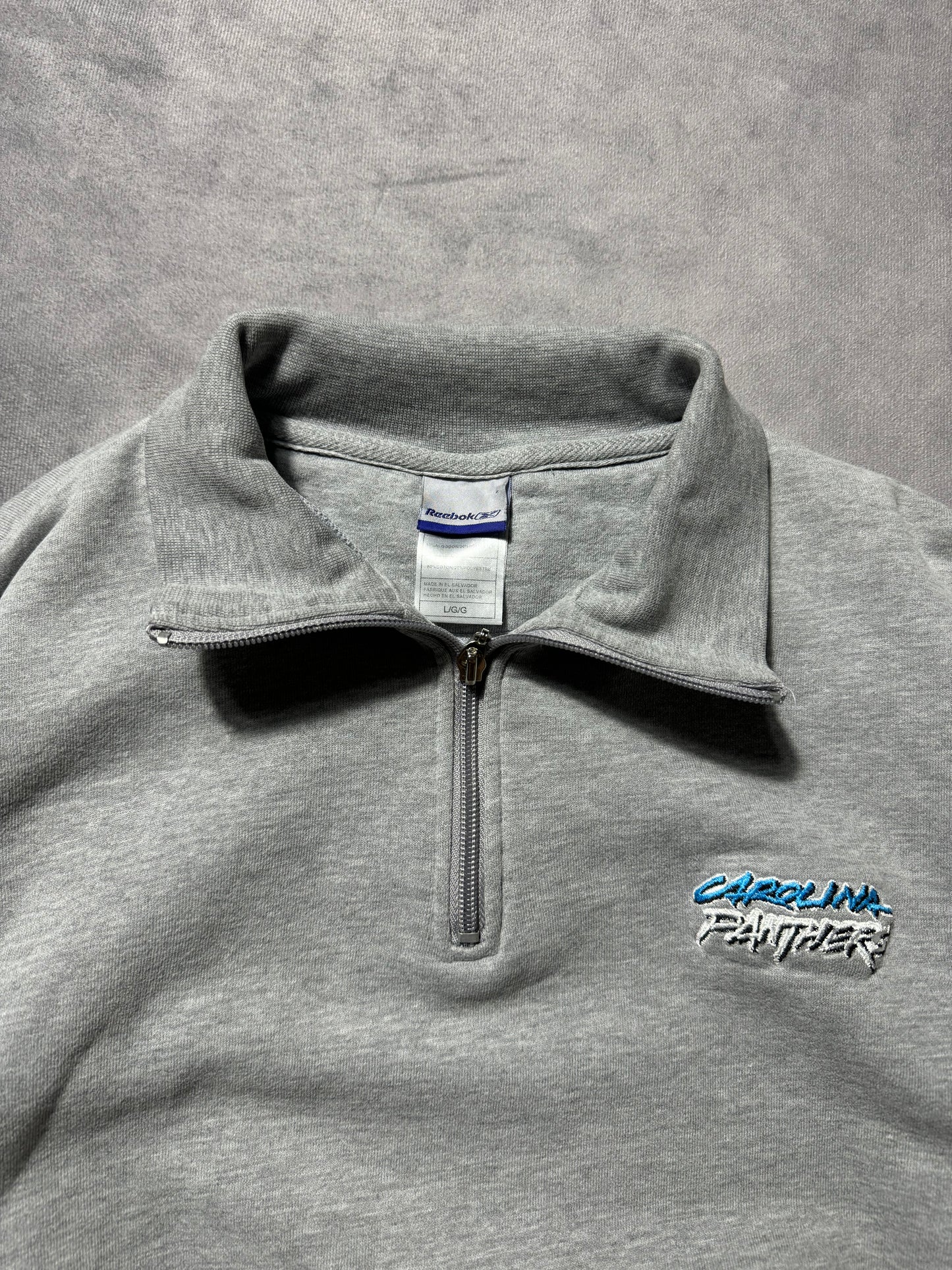 00’s Carolina Panthers Vintage Grey Reebok Cat Scratch Font Embroidered Quarter Zip NFL Pullover (Medium)