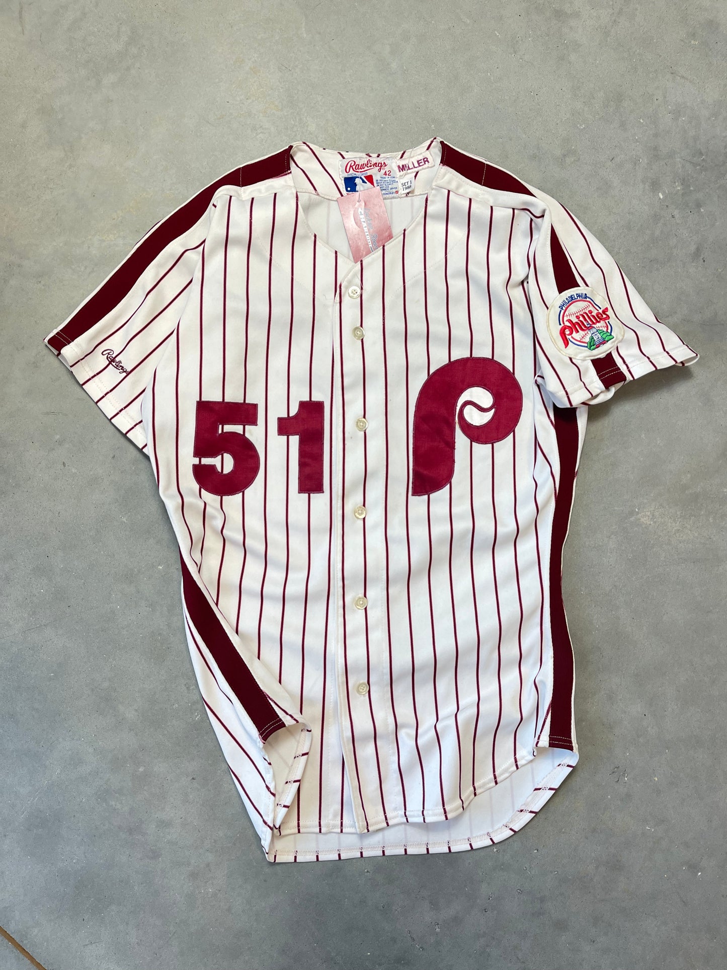 1988 Philadelphia Phillies Keith Miller Game Worn Rawlings Maroon Pinstriped MLB Jersey (44/Fits Medium)