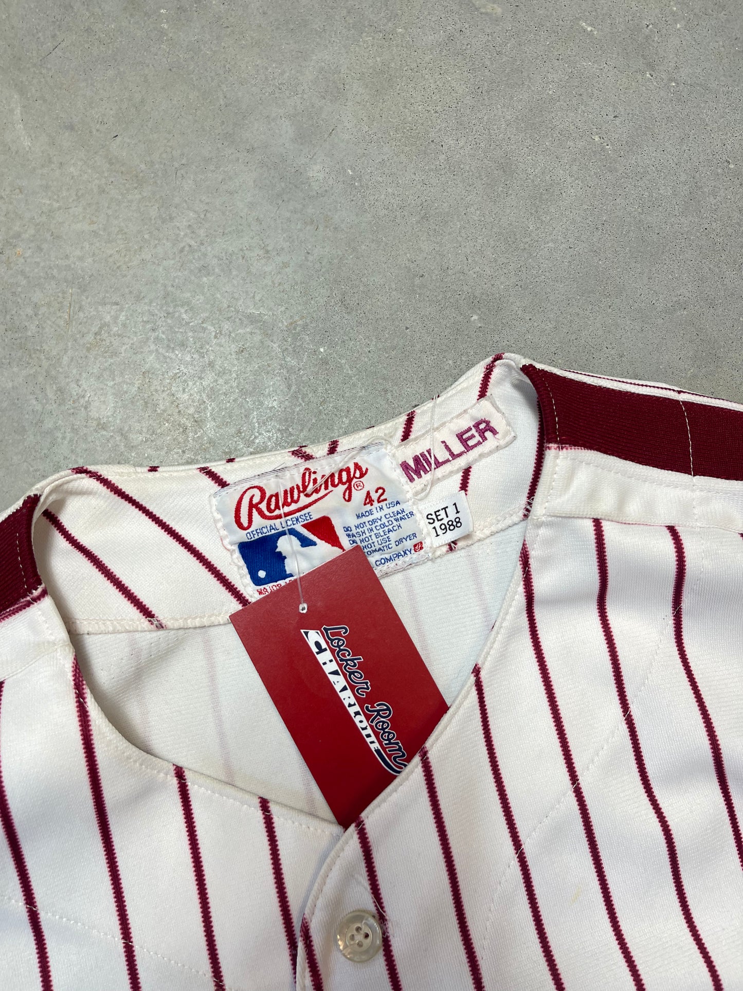 1988 Philadelphia Phillies Keith Miller Game Worn Rawlings Maroon Pinstriped MLB Jersey (44/Fits Medium)