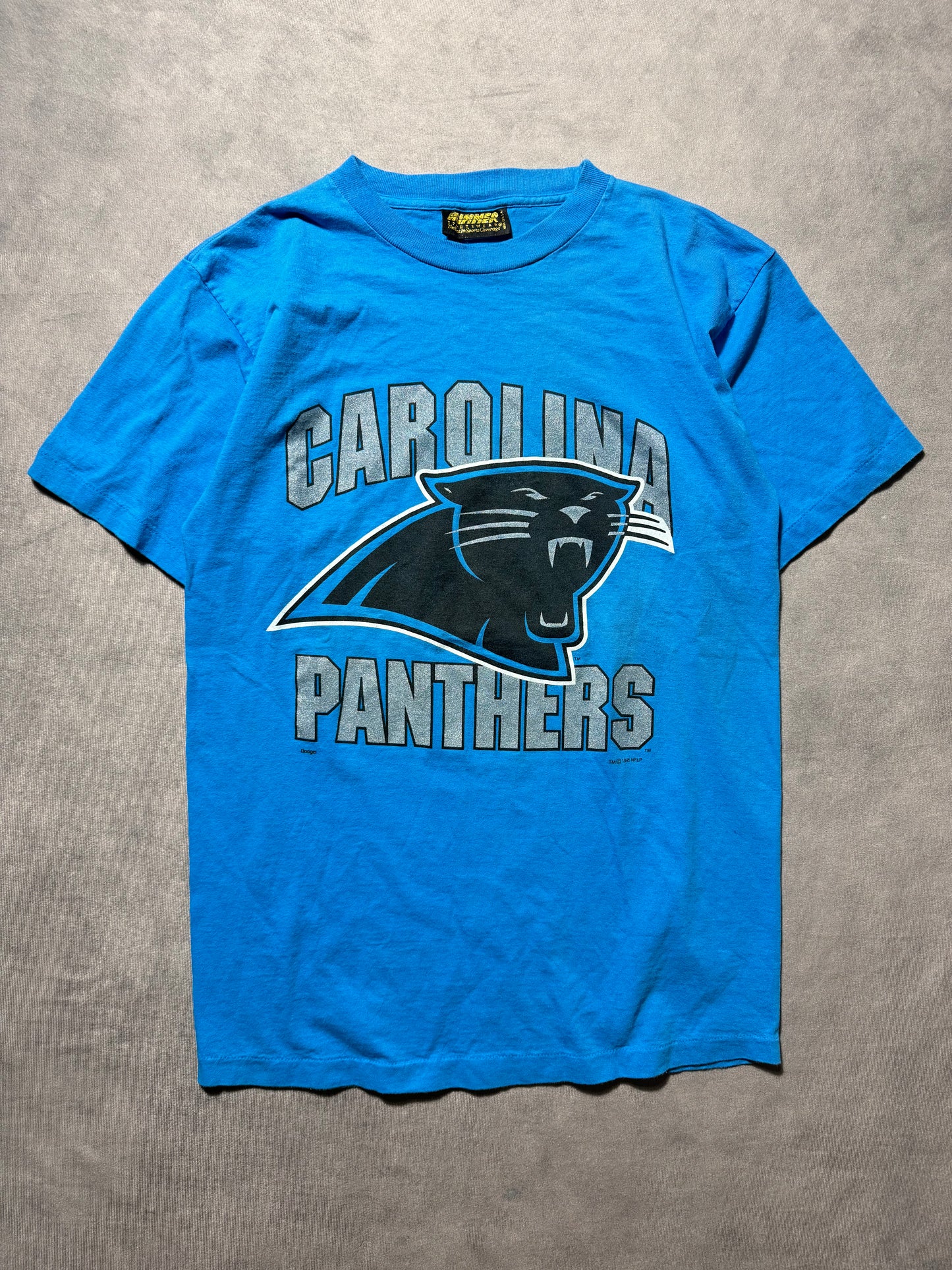 1995 Carolina Panthers Vintage Blue Hummer Sportswear Inaugural Season Block Letter NFL Spellout Tee (Large)
