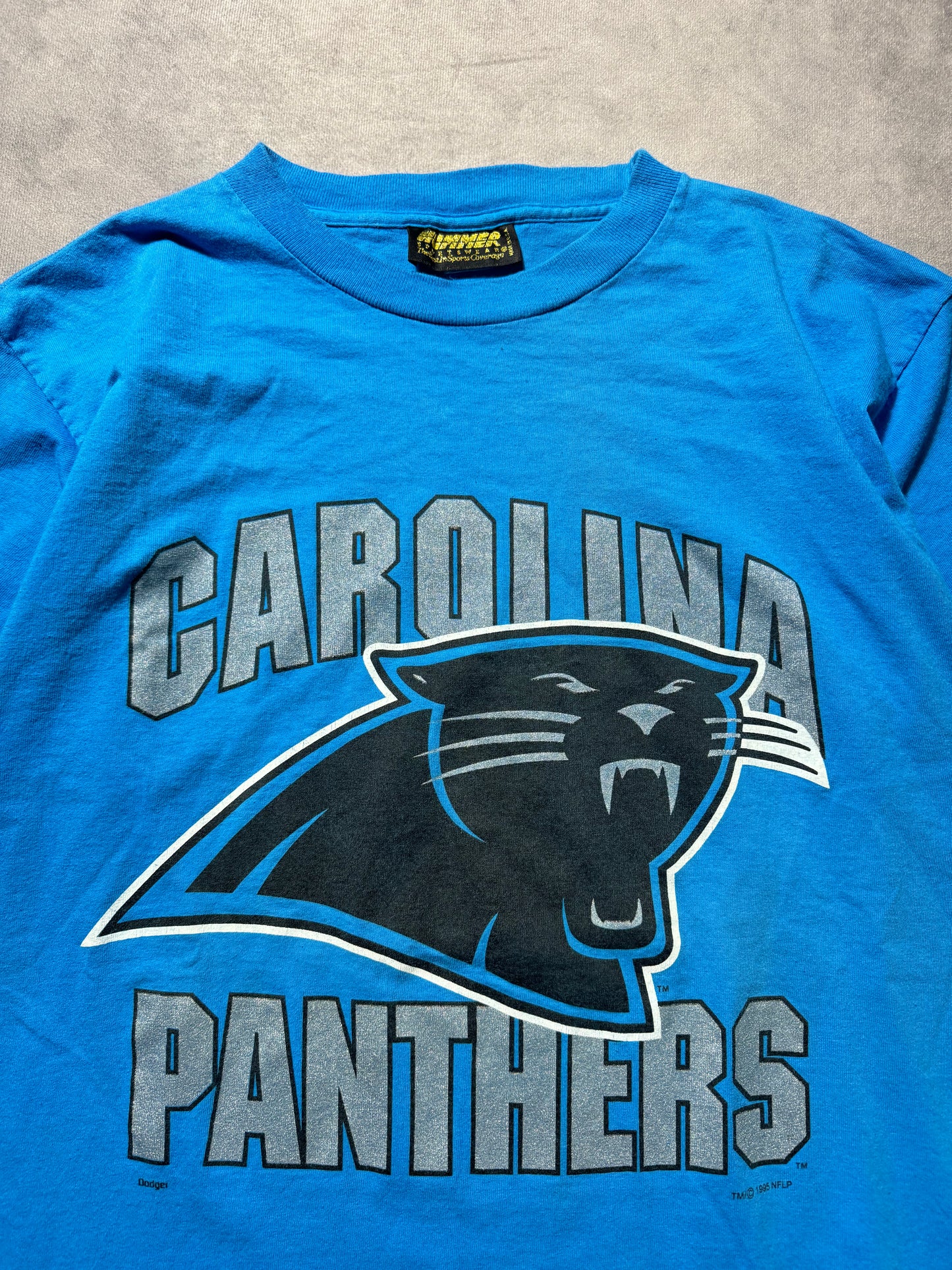 1995 Carolina Panthers Vintage Blue Hummer Sportswear Inaugural Season Block Letter NFL Spellout Tee (Large)