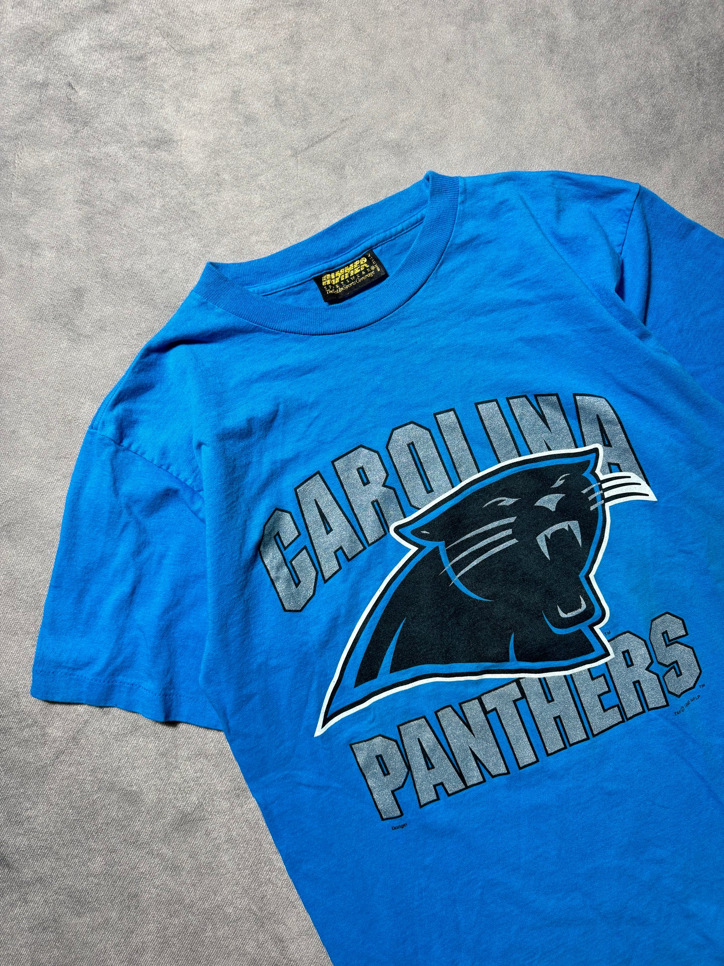 1995 Carolina Panthers Vintage Blue Hummer Sportswear Inaugural Season Block Letter NFL Spellout Tee (Large)