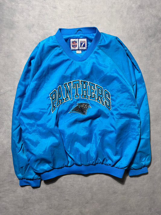 90’s Carolina Panthers Vintage Blue Logo 7 Embroidered Sideline Style NFL Windbreaker Pullover Jacket (Large)