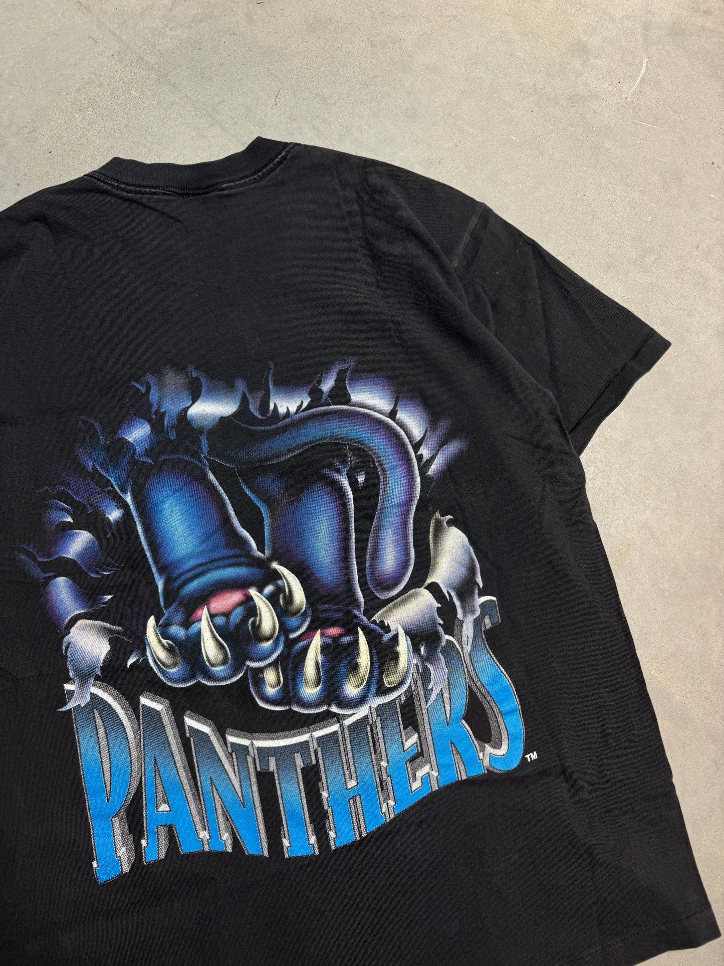 1993 Carolina Panthers Vintage Nutmeg Mills Realistic Cat Breakthrough NFL Tee (Large)