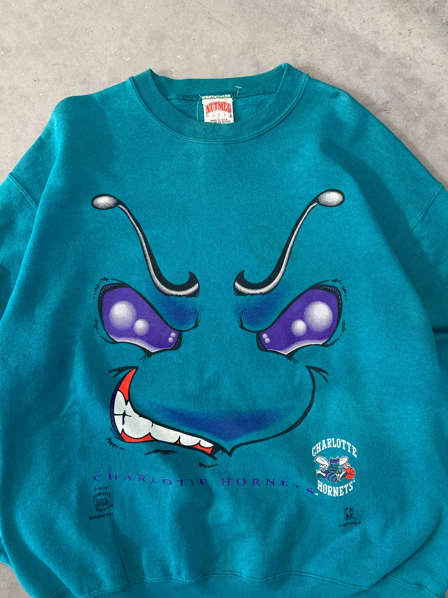 90’s Charlotte Hornets Vintage Big Face Logo Nutmeg Mills NBA Crewneck (Large)