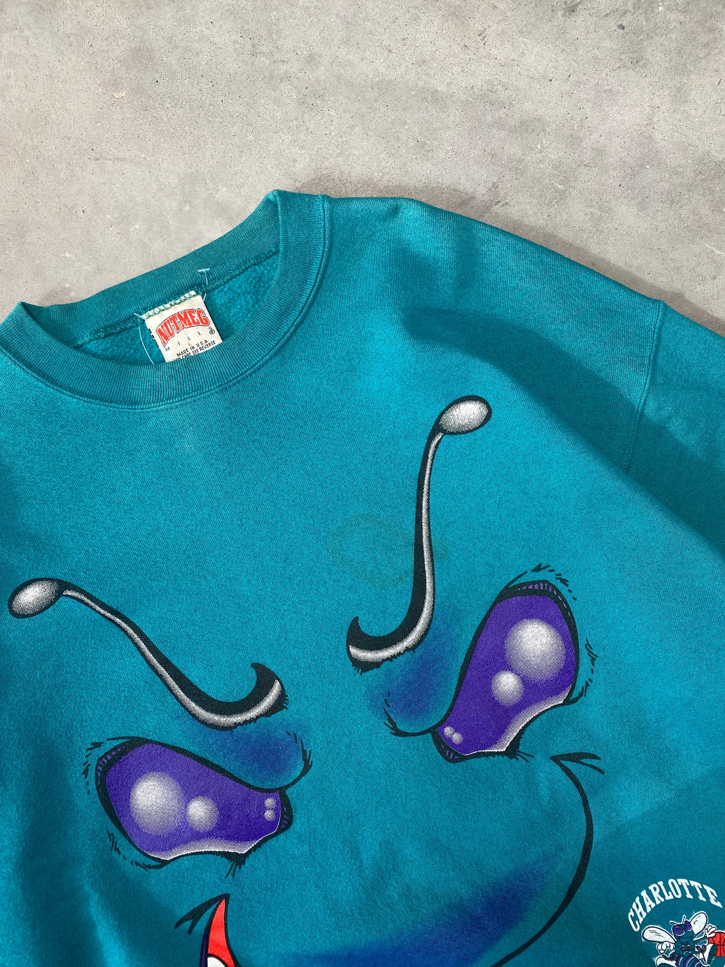 90’s Charlotte Hornets Vintage Big Face Logo Nutmeg Mills NBA Crewneck (Large)