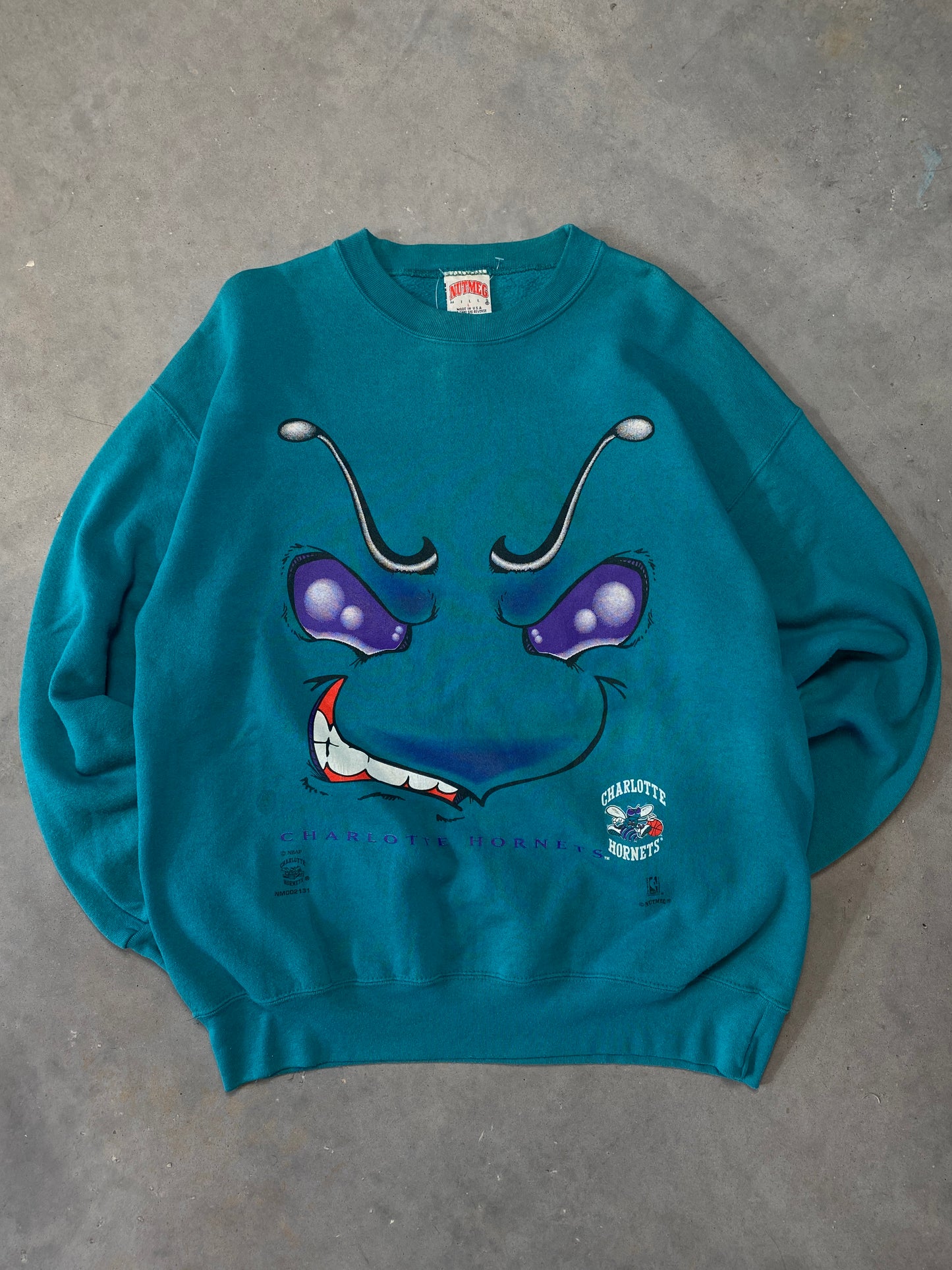 90’s Charlotte Hornets Vintage Big Face Logo Nutmeg Mills NBA Crewneck (Large)