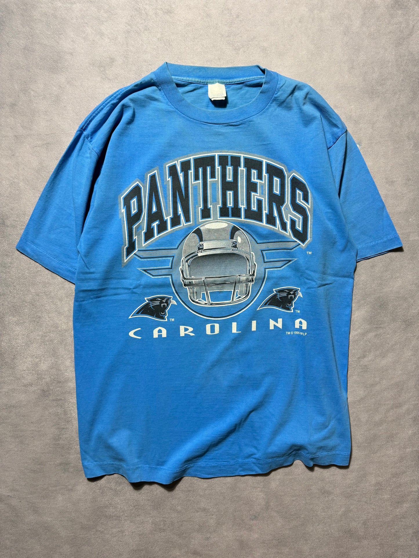 1995 Carolina Panthers Vintage Blue Inaugural Season Arch Block Letter Spellout NFL Tee (XL)