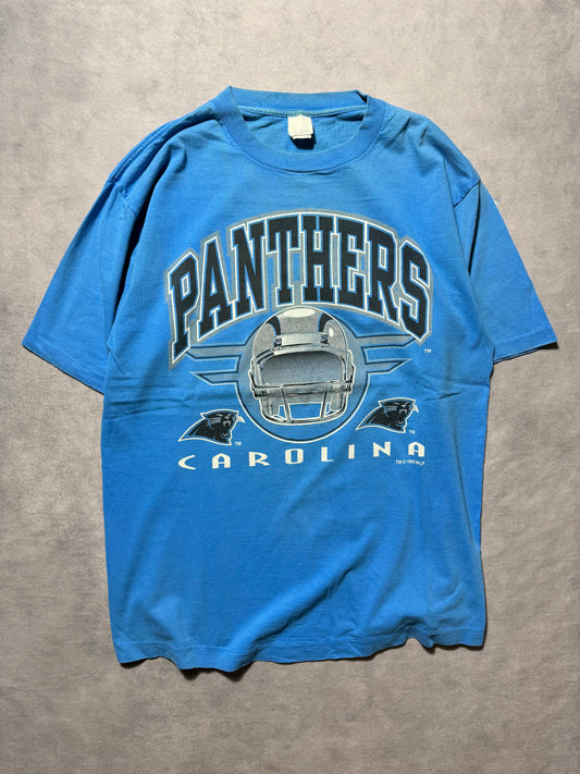 1995 Carolina Panthers Vintage Blue Inaugural Season Arch Block Letter Spellout NFL Tee (XL)