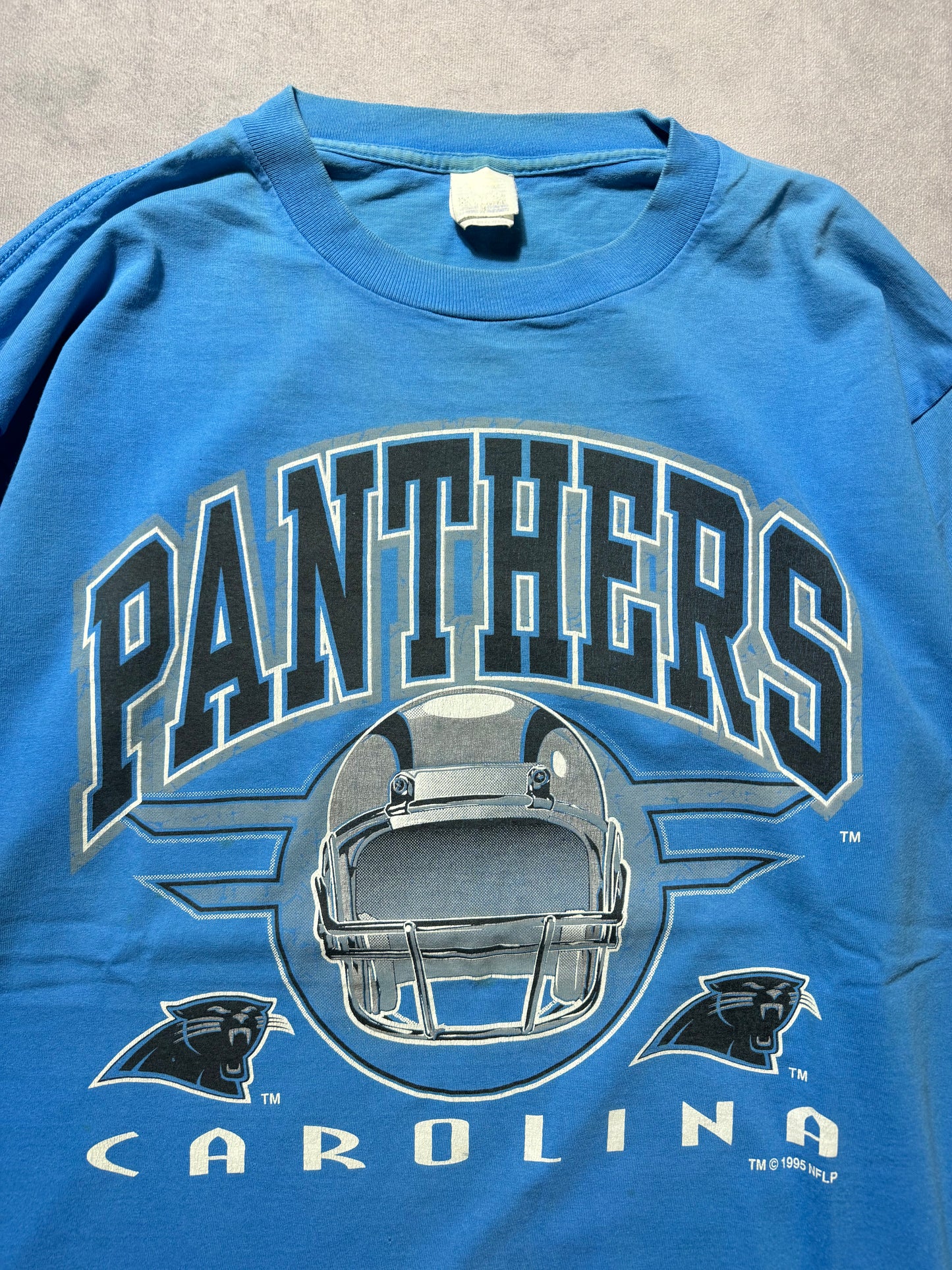 1995 Carolina Panthers Vintage Blue Inaugural Season Arch Block Letter Spellout NFL Tee (XL)