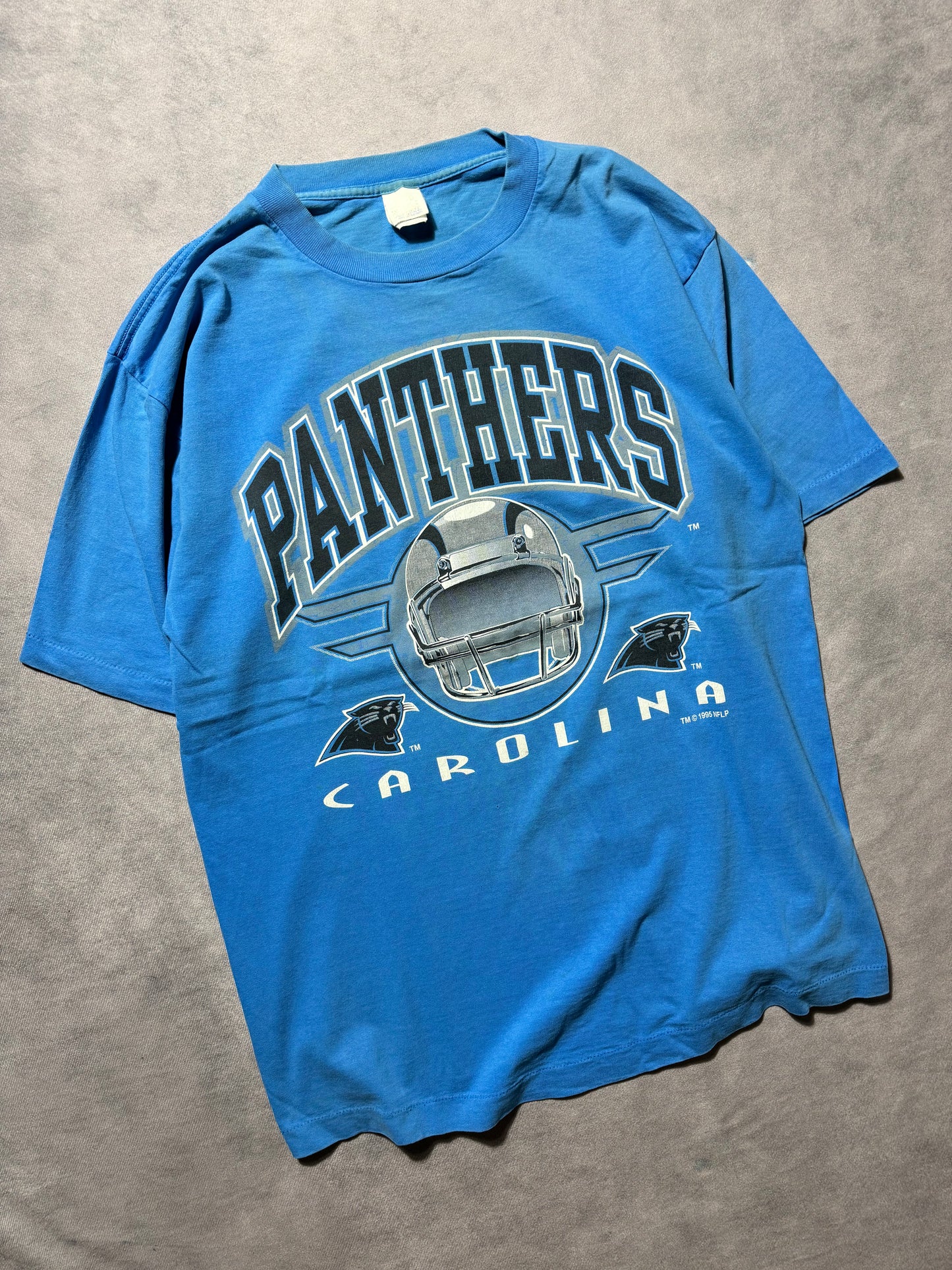 1995 Carolina Panthers Vintage Blue Inaugural Season Arch Block Letter Spellout NFL Tee (XL)