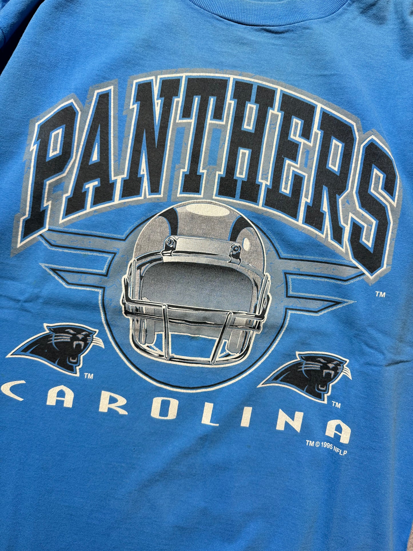 1995 Carolina Panthers Vintage Blue Inaugural Season Arch Block Letter Spellout NFL Tee (XL)
