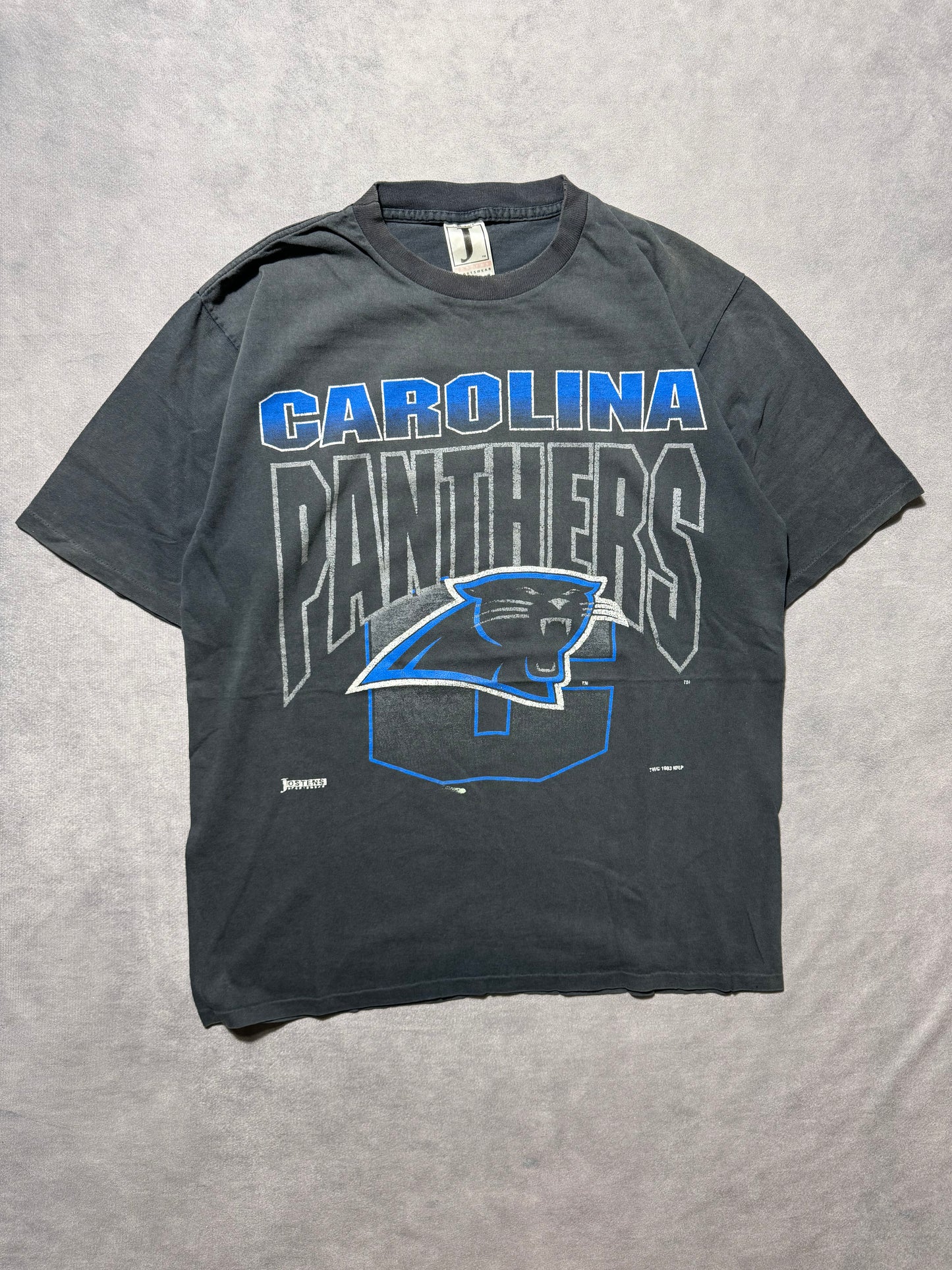 1993 Carolina Panthers Vintage Faded Black Big Spellout Gradient NFL Tee (Large)