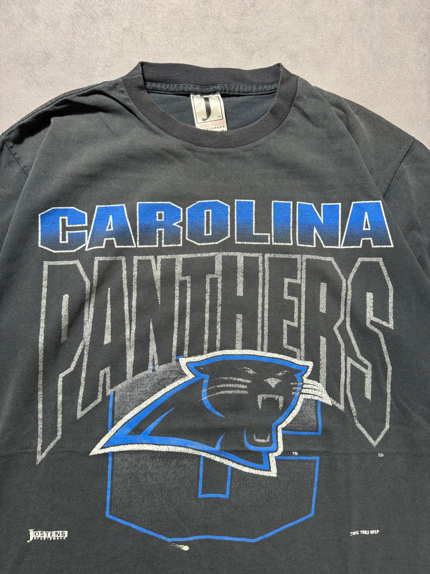 1993 Carolina Panthers Vintage Faded Black Big Spellout Gradient NFL Tee (Large)