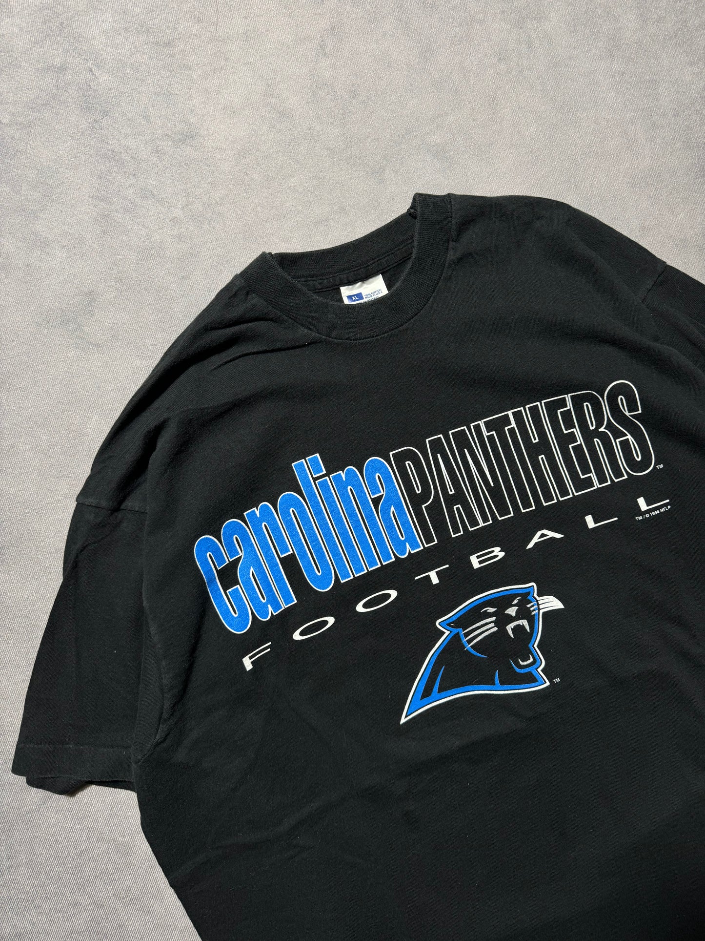 1994 Carolina Panthers Vintage Black Practice Style Spellout NFL Tee (XL)