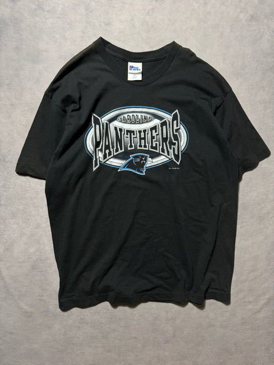 1997 Carolina Panthers Vintage Black Pro Player Oval Logo Spellout NFL Tee (XL)