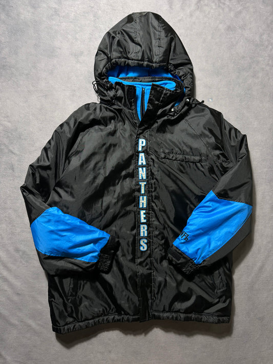 00’s Carolina Panthers Vintage Big Spellout Fleece Lined Full Zip Sideline Style NFL Puffer Jacket (Large)