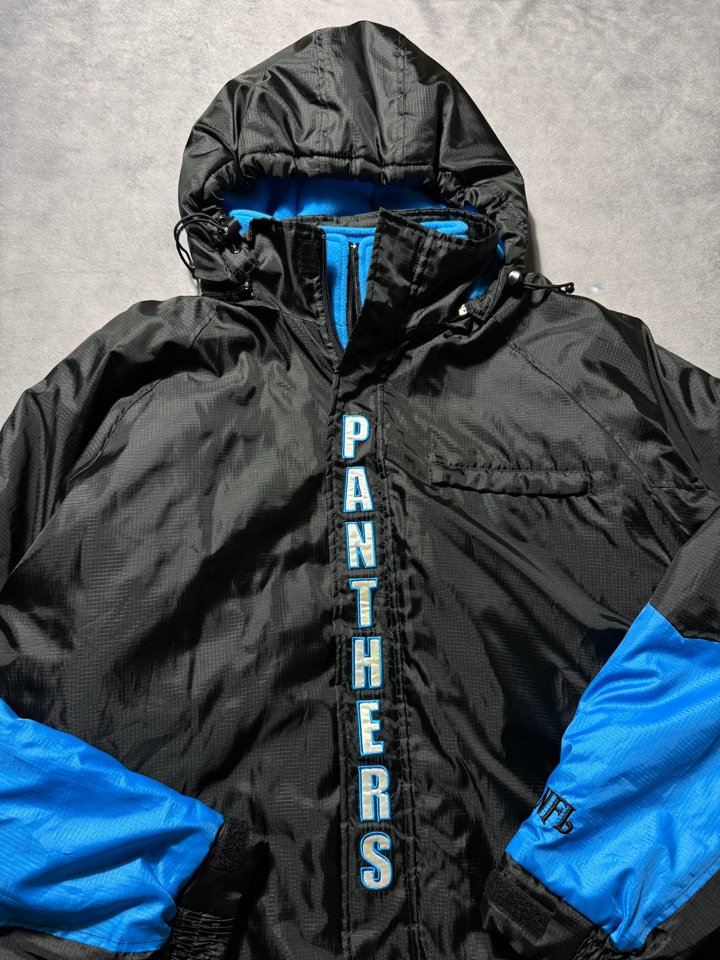 00’s Carolina Panthers Vintage Big Spellout Fleece Lined Full Zip Sideline Style NFL Puffer Jacket (Large)