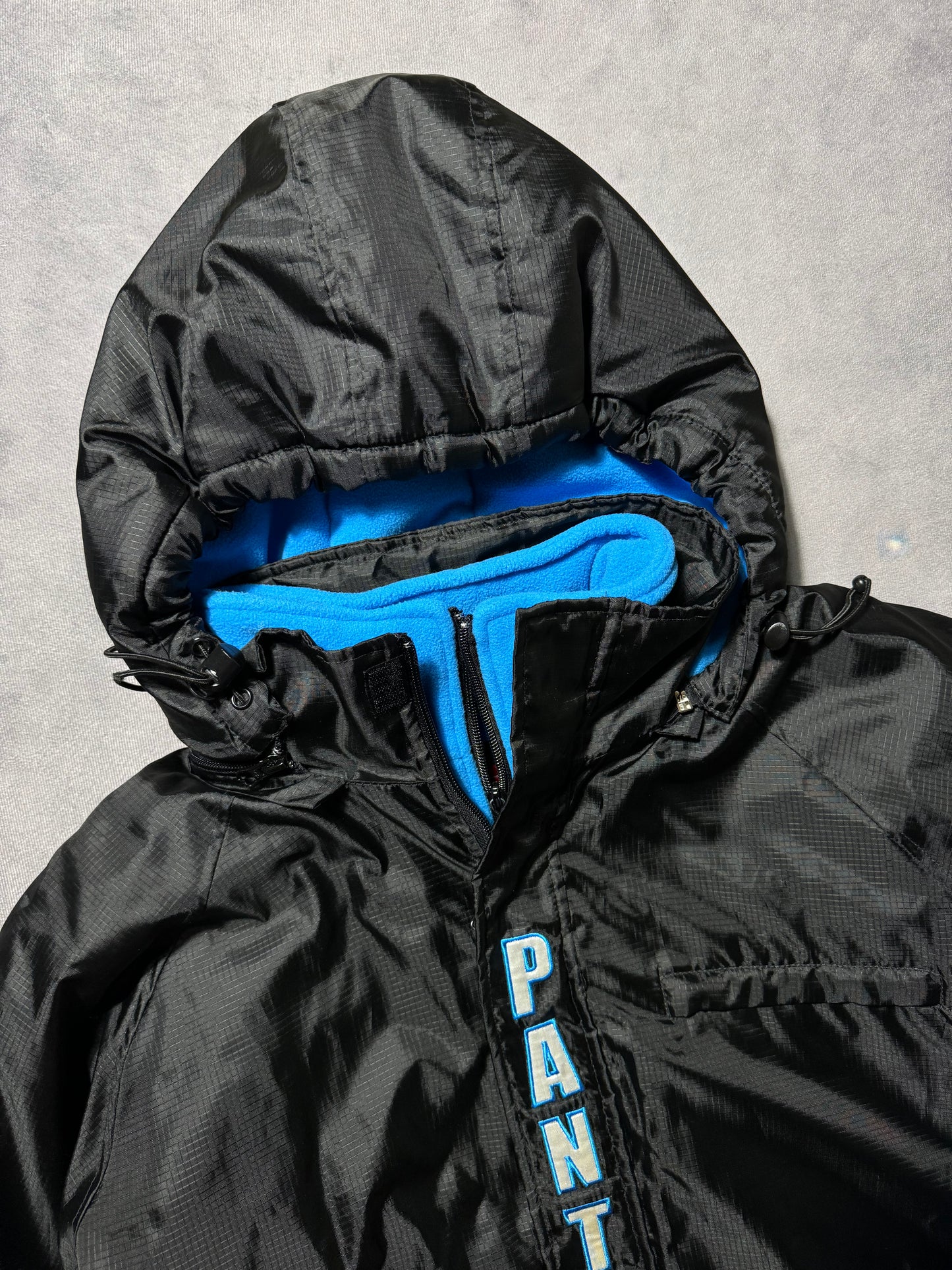 00’s Carolina Panthers Vintage Big Spellout Fleece Lined Full Zip Sideline Style NFL Puffer Jacket (Large)
