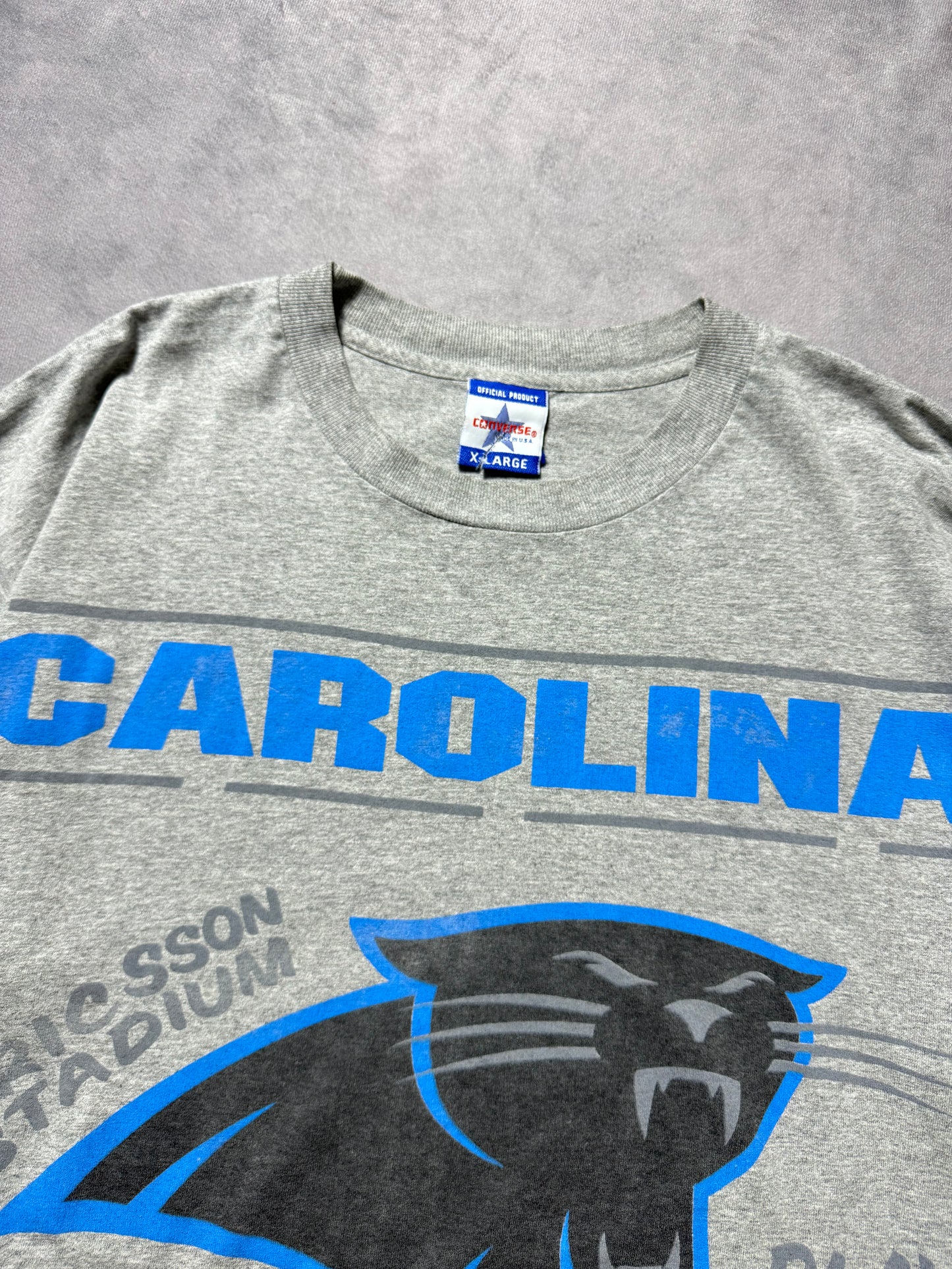 1996 Carolina Panthers Kerry Collins Vintage Grey Ericsson Stadium Big Logo Converse NFL Playoffs Tee (XL)