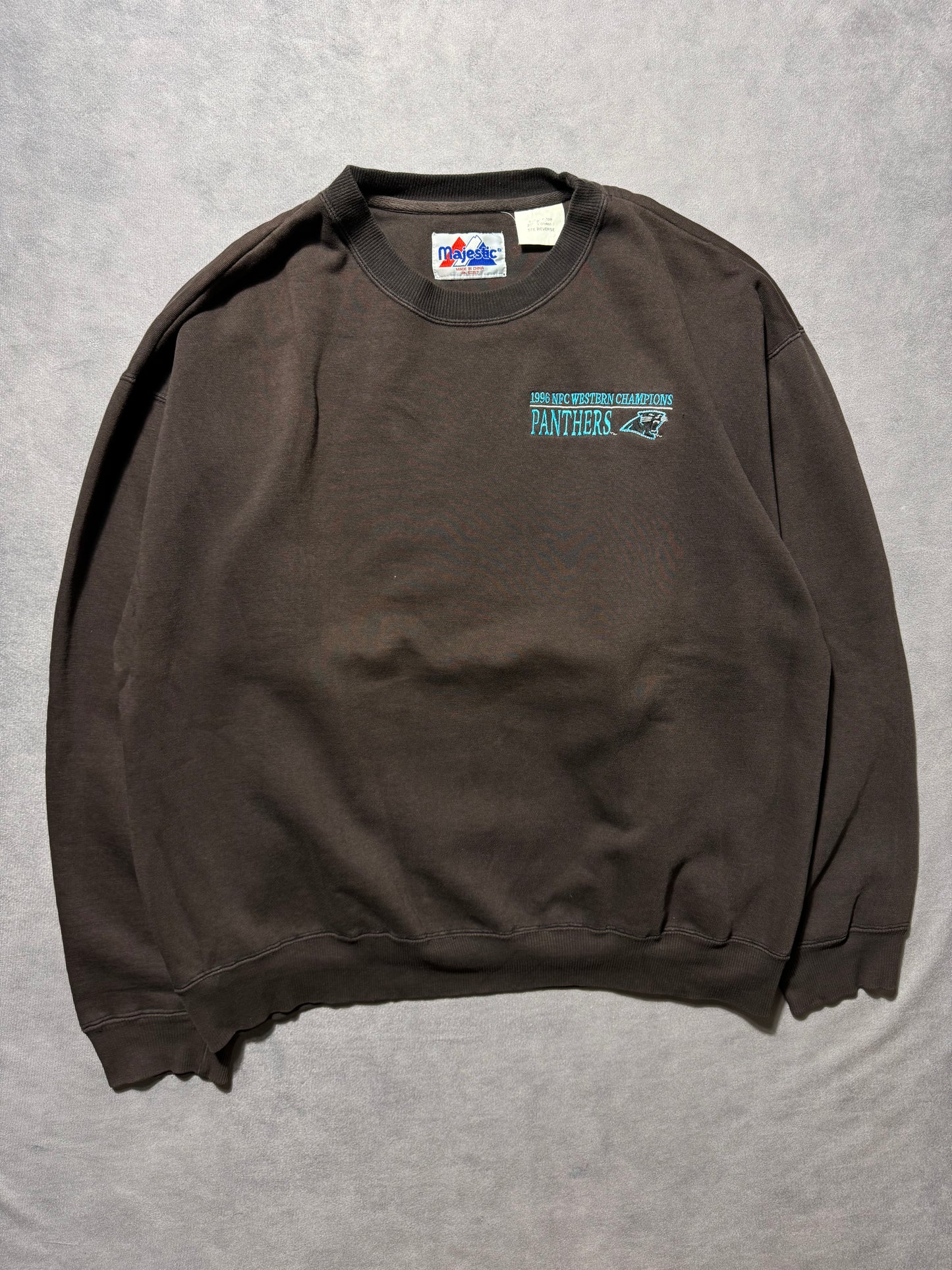 1996 Carolina Panthers Vintage Sun Faded Black Majestic Heavyweight NFC Western Division Champions Embroidered NFL Crewneck (XXL)