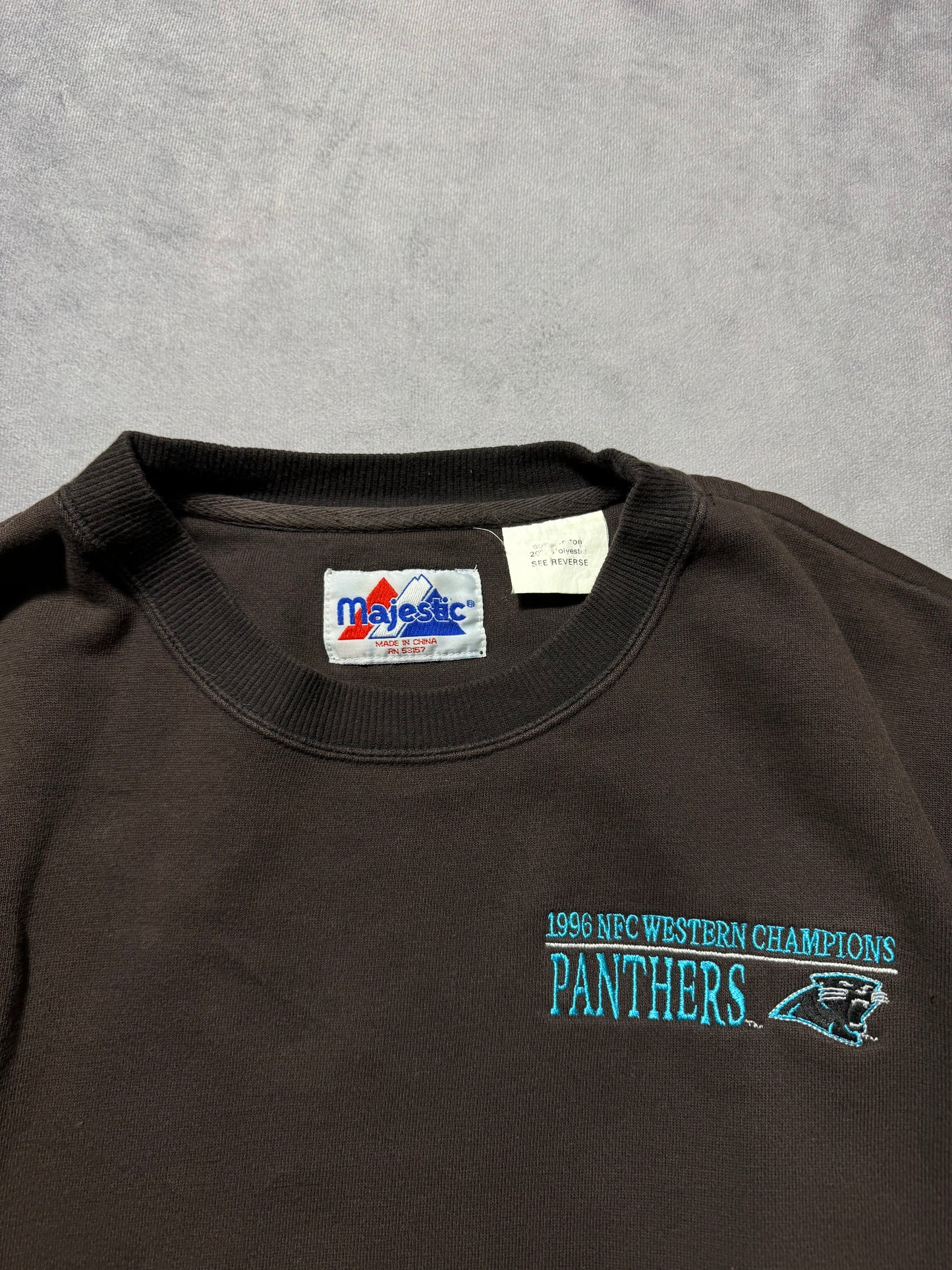 1996 Carolina Panthers Vintage Sun Faded Black Majestic Heavyweight NFC Western Division Champions Embroidered NFL Crewneck (XXL)
