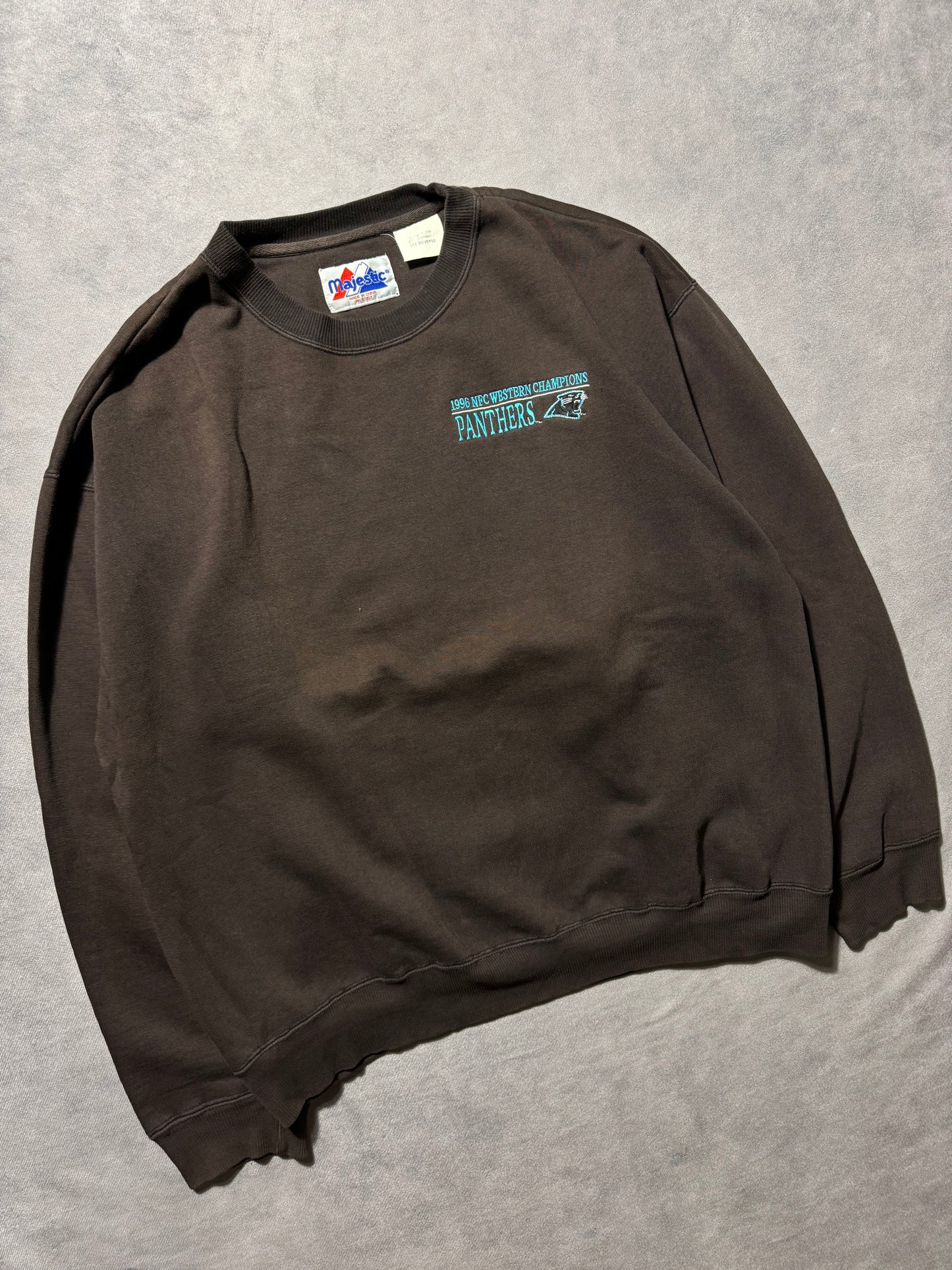 1996 Carolina Panthers Vintage Sun Faded Black Majestic Heavyweight NFC Western Division Champions Embroidered NFL Crewneck (XXL)