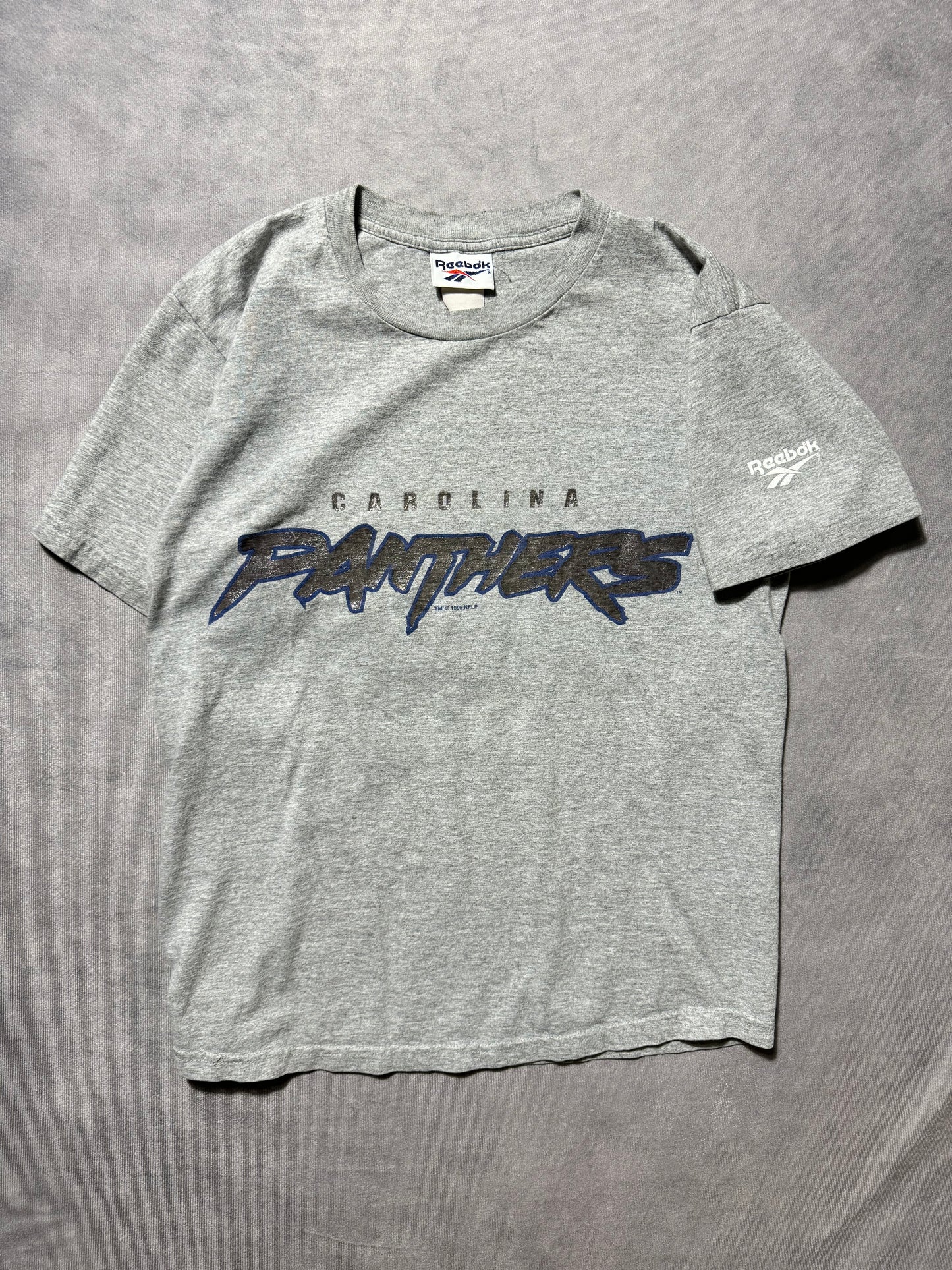 1996 Carolina Panthers Vintage Grey Reebok Cat Scratch Font NFL Tee (Medium)