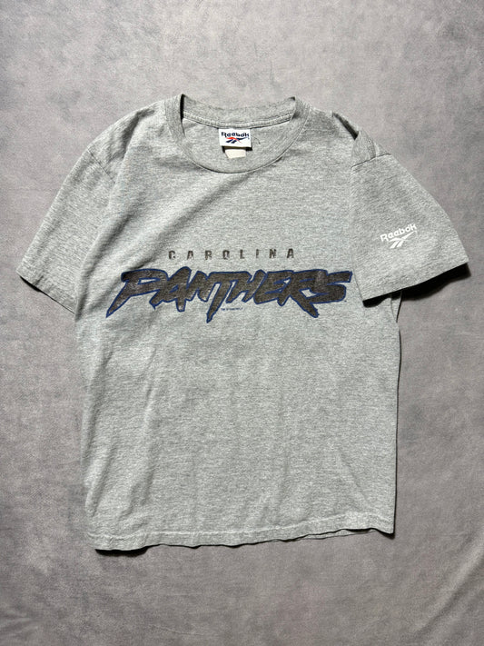 1996 Carolina Panthers Vintage Grey Reebok Cat Scratch Font NFL Tee (Medium)