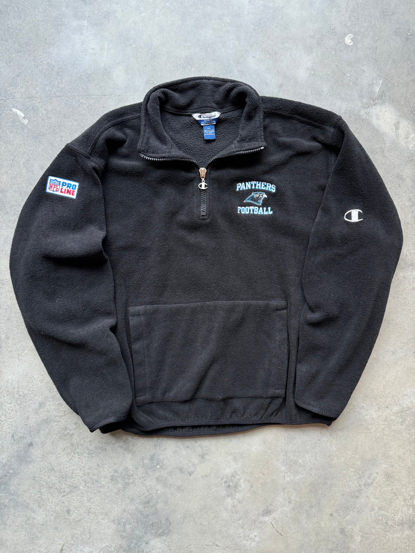 90’s Carolina Panthers Vintage Black Champion NFL Pro Line Fleece Half Zip Pullover (XXL)