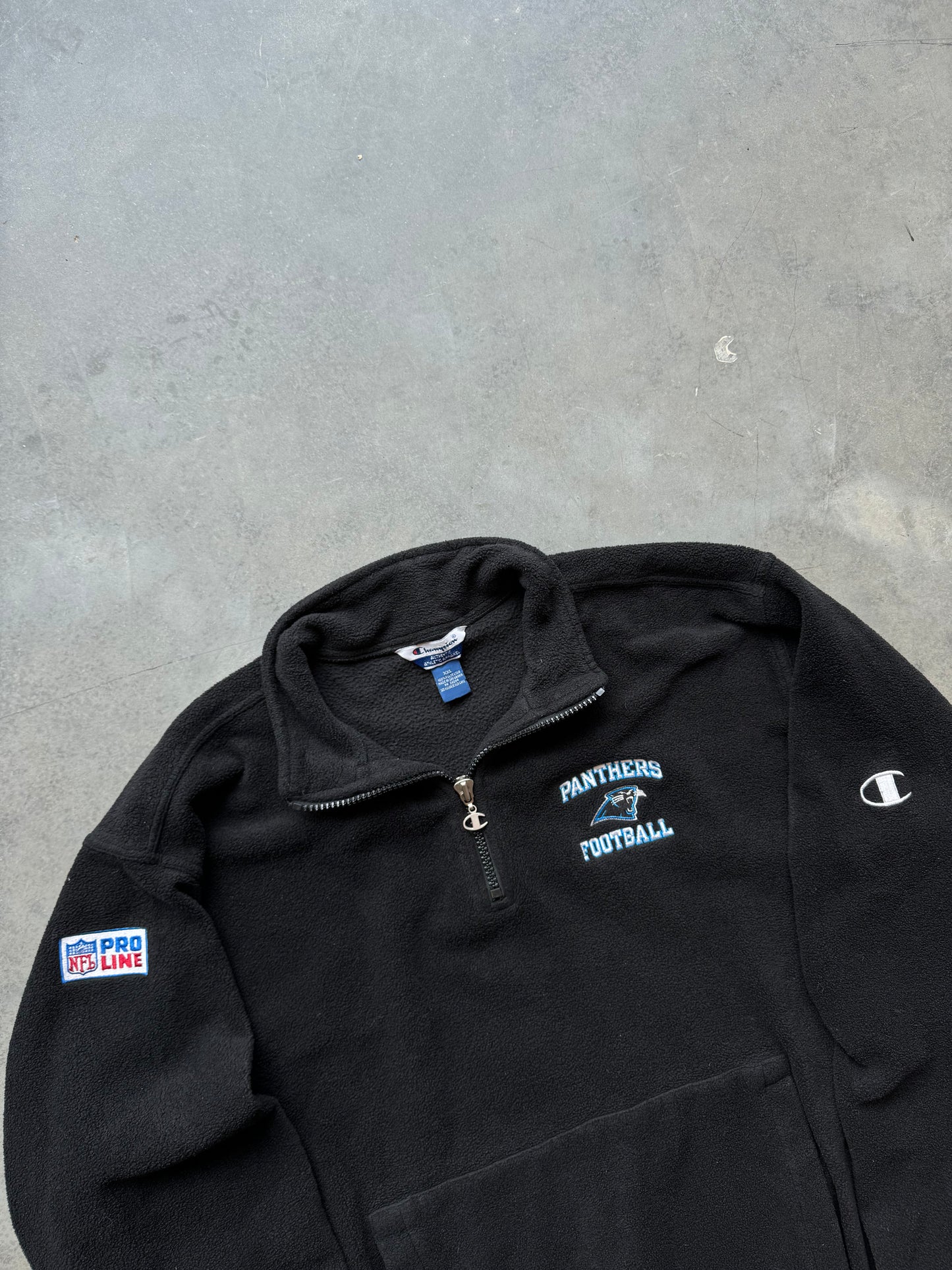 90’s Carolina Panthers Vintage Black Champion NFL Pro Line Fleece Half Zip Pullover (XXL)