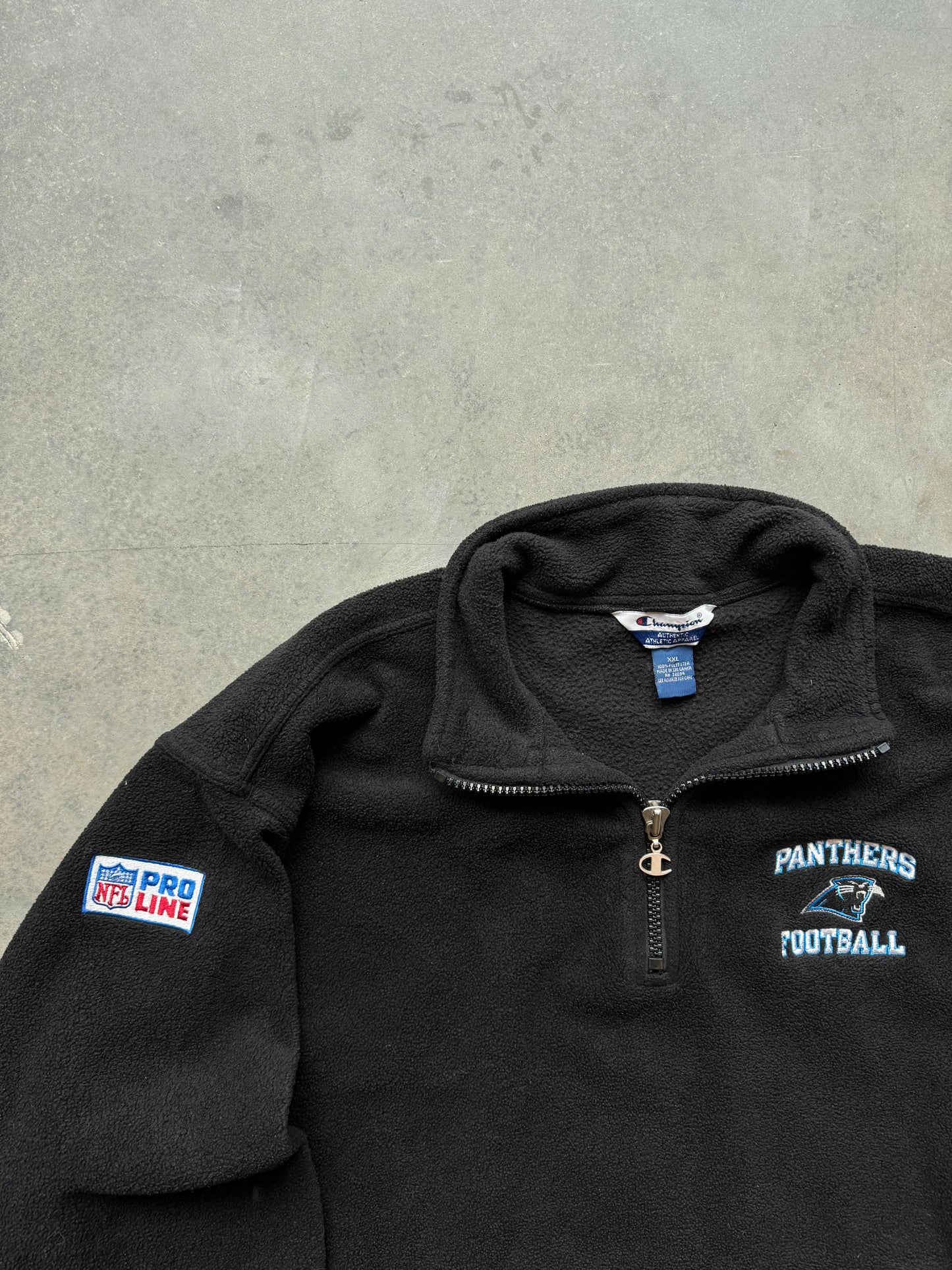 90’s Carolina Panthers Vintage Black Champion NFL Pro Line Fleece Half Zip Pullover (XXL)