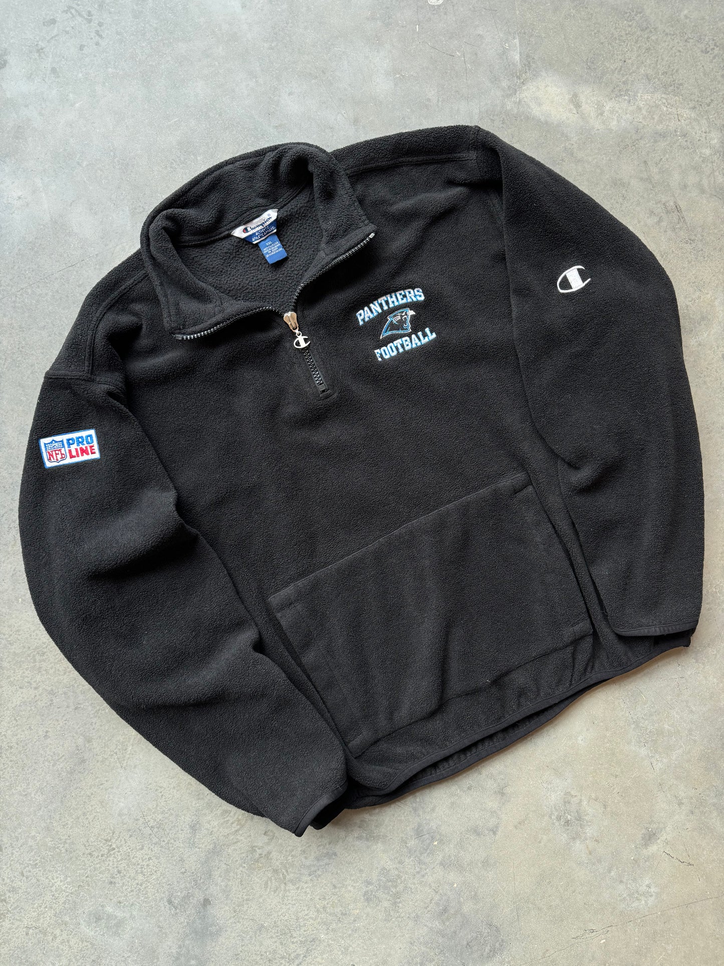 90’s Carolina Panthers Vintage Black Champion NFL Pro Line Fleece Half Zip Pullover (XXL)