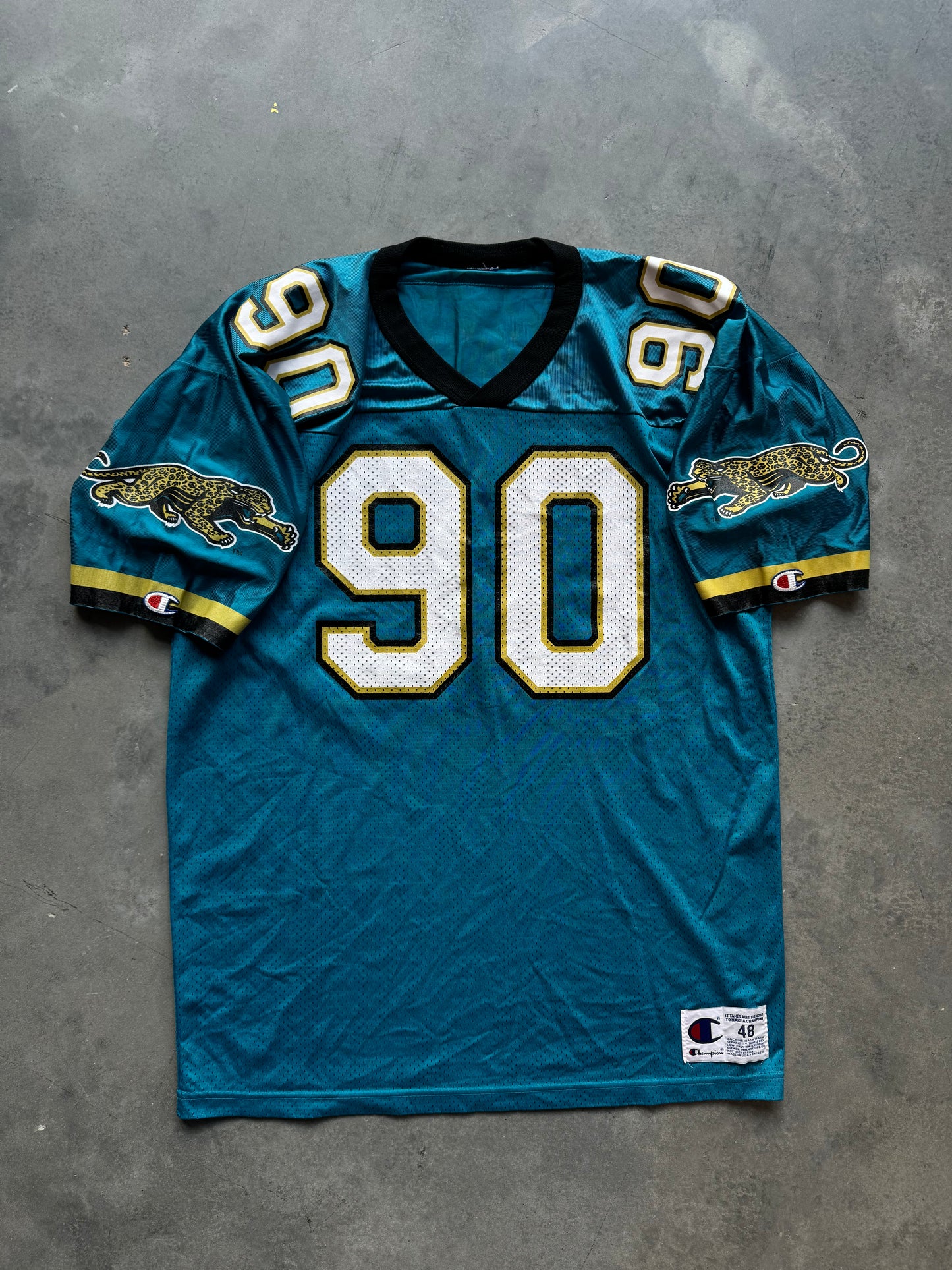 90’s Jacksonville Jaguars Tony Brackens Vintage Champion Teal Prowler Logo NFL Jersey (48/XL)