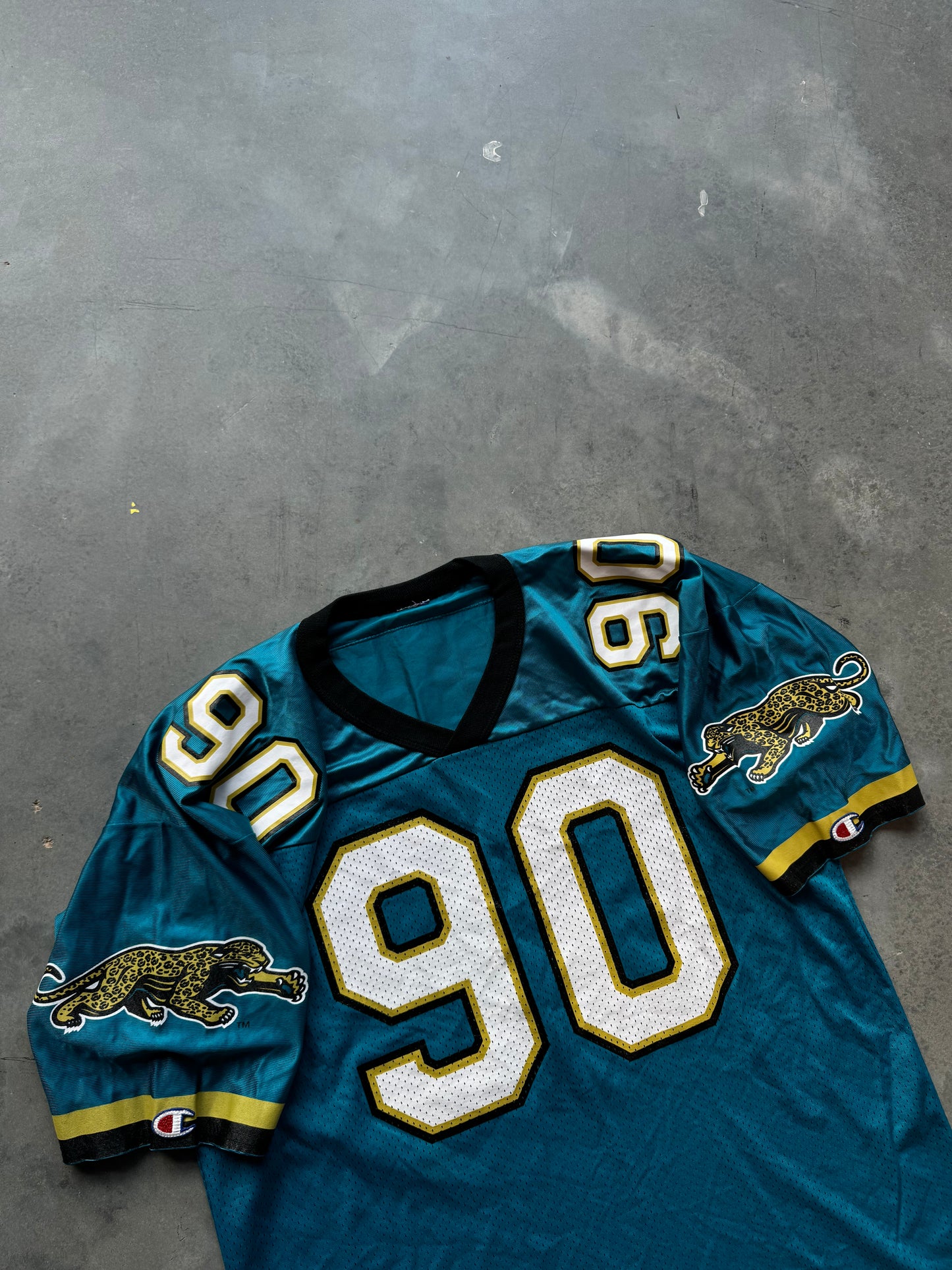 90’s Jacksonville Jaguars Tony Brackens Vintage Champion Teal Prowler Logo NFL Jersey (48/XL)