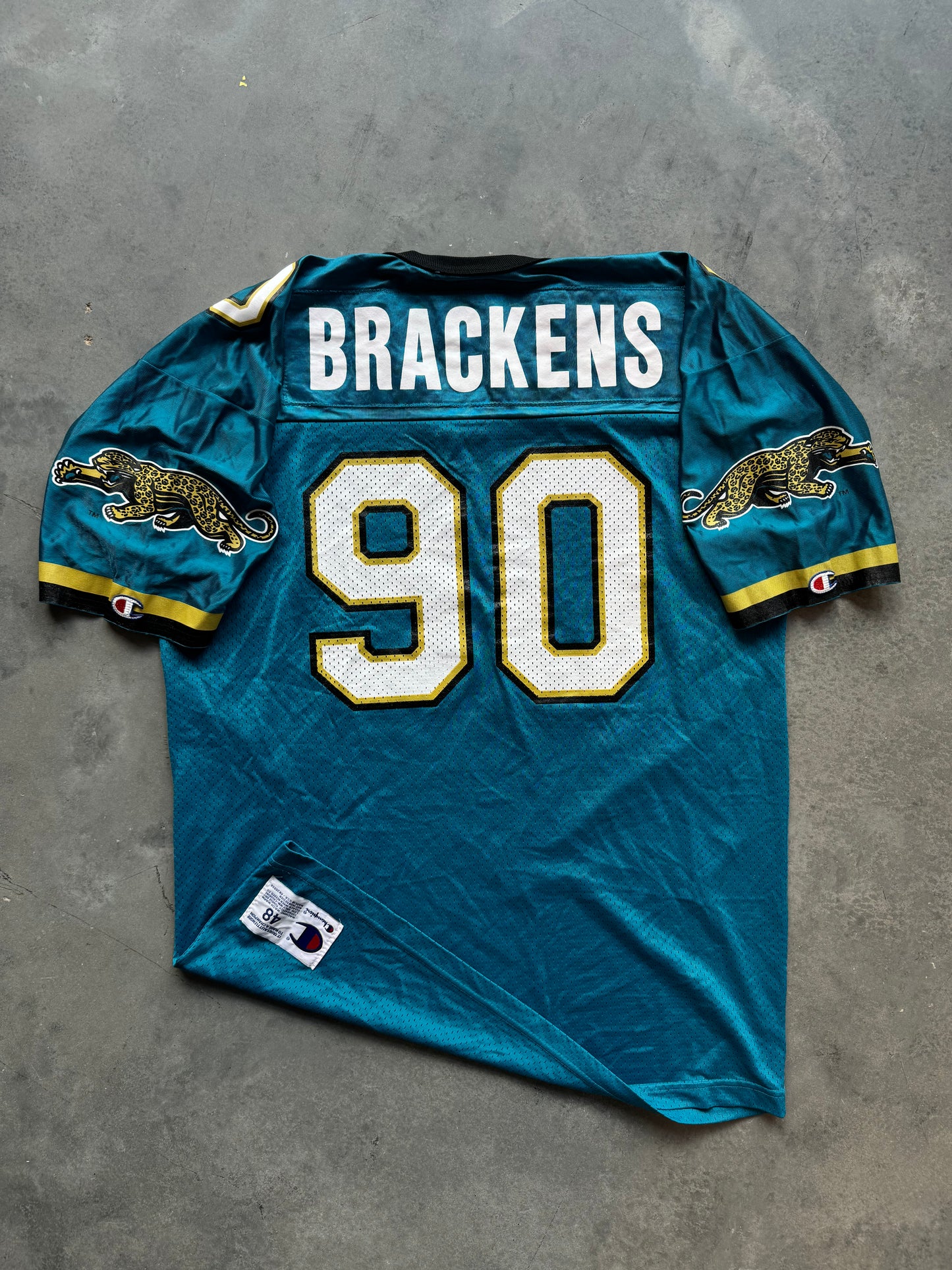 90’s Jacksonville Jaguars Tony Brackens Vintage Champion Teal Prowler Logo NFL Jersey (48/XL)