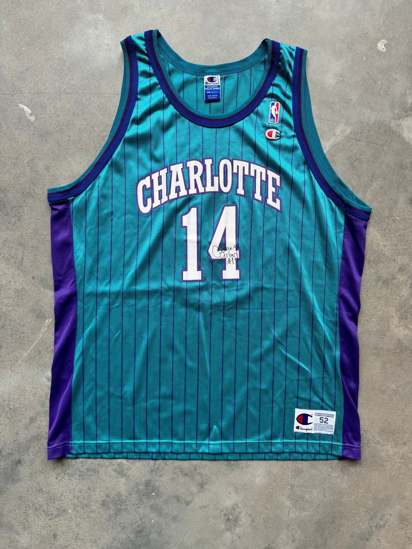 1997/1998 Charlotte Hornets Anthony Mason Vintage Teal Pinstriped Champion NBA Jersey - Deadstock & Signed (52/XXL)