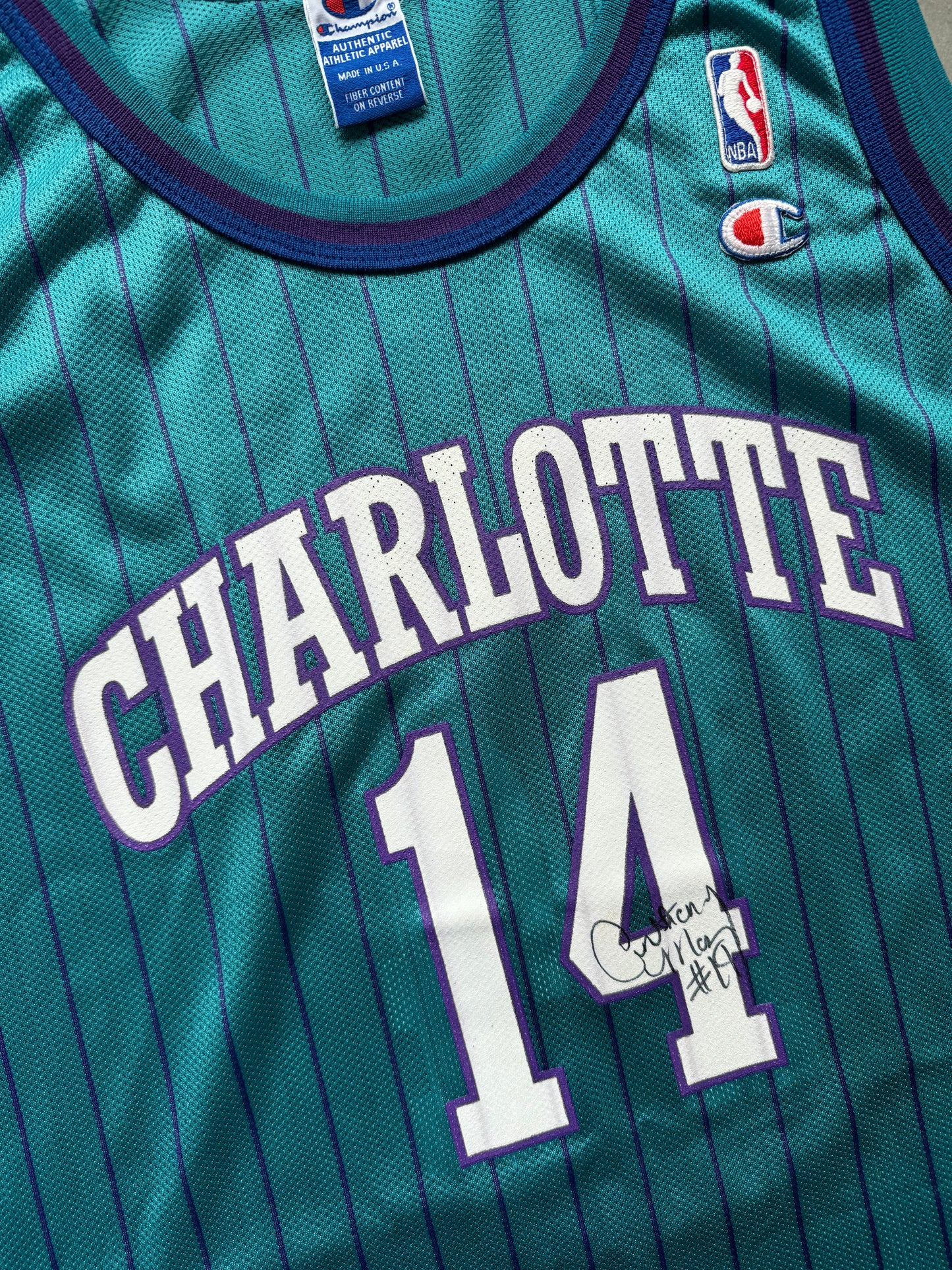 1997/1998 Charlotte Hornets Anthony Mason Vintage Teal Pinstriped Champion NBA Jersey - Deadstock & Signed (52/XXL)