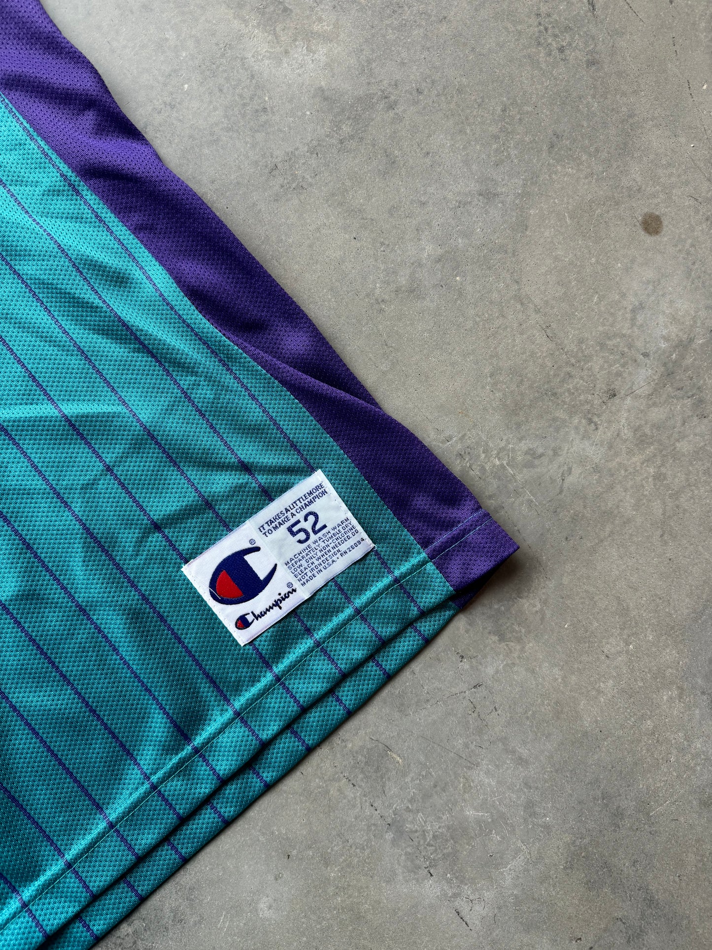 1997/1998 Charlotte Hornets Anthony Mason Vintage Teal Pinstriped Champion NBA Jersey - Deadstock & Signed (52/XXL)