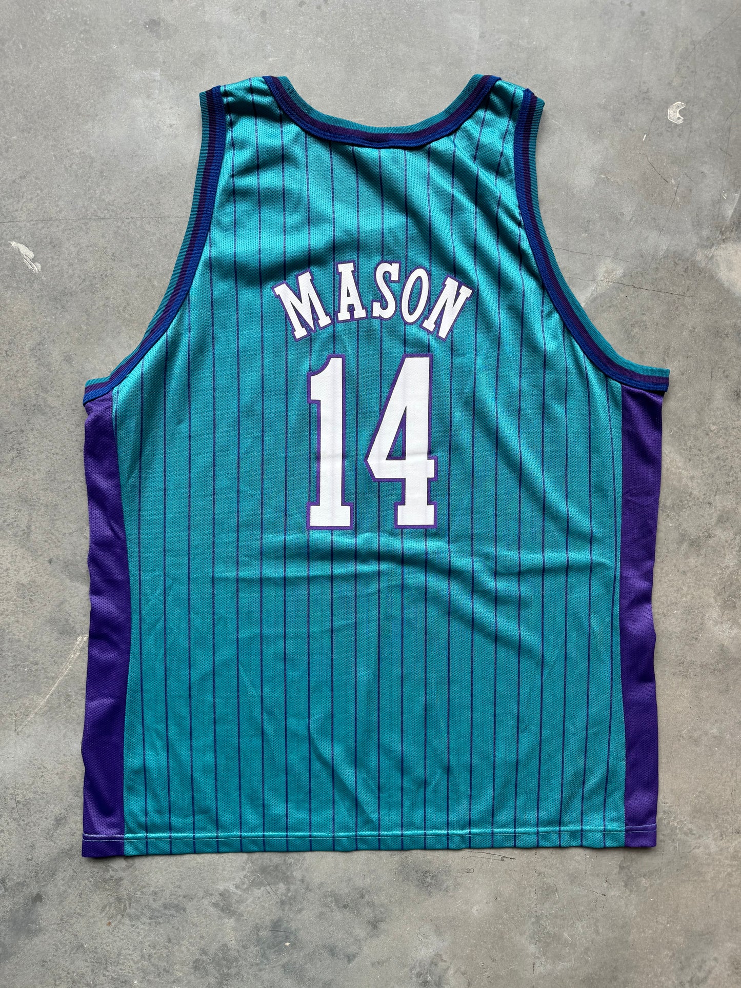 1997/1998 Charlotte Hornets Anthony Mason Vintage Teal Pinstriped Champion NBA Jersey - Deadstock & Signed (52/XXL)