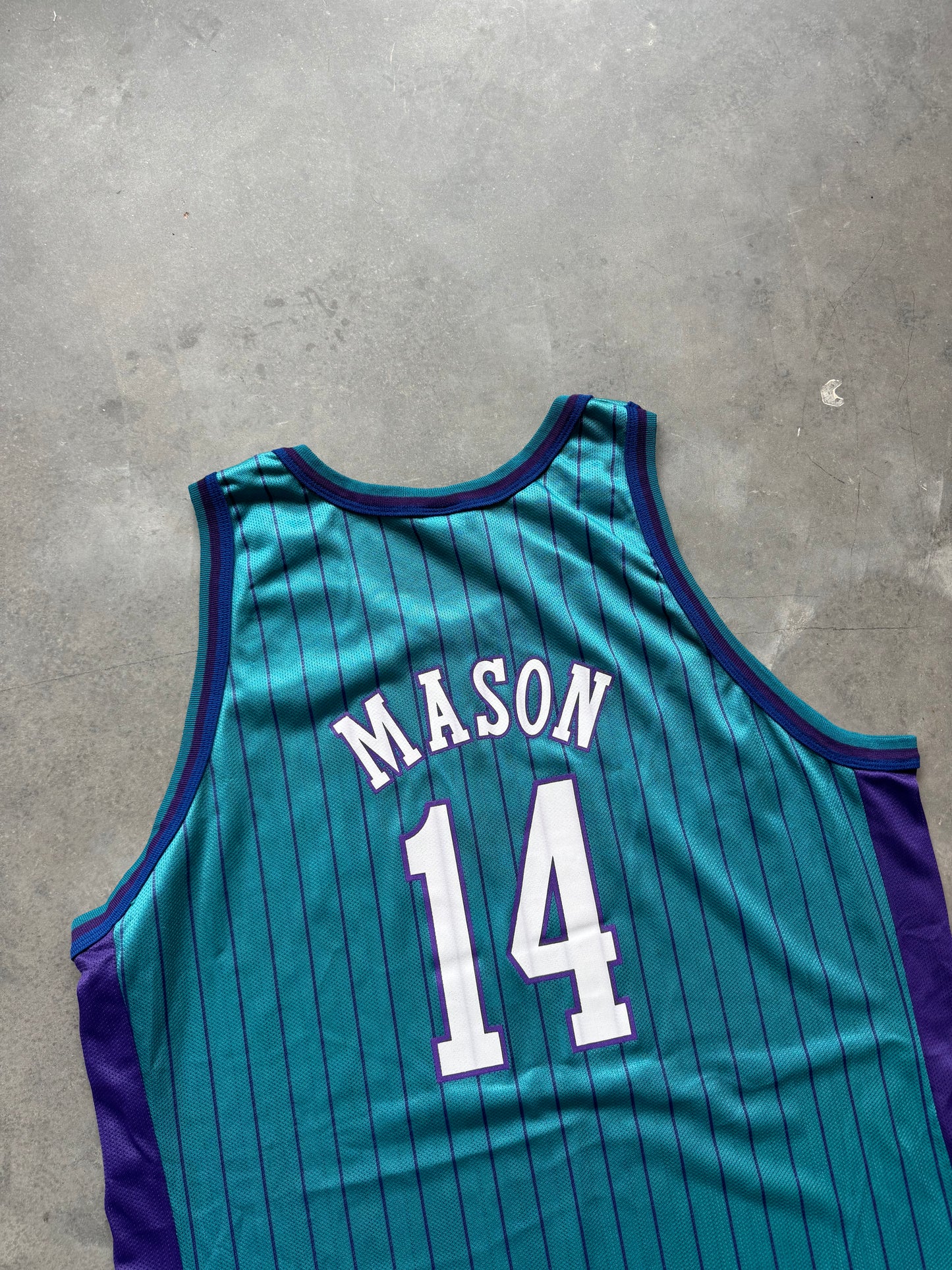 1997/1998 Charlotte Hornets Anthony Mason Vintage Teal Pinstriped Champion NBA Jersey - Deadstock & Signed (52/XXL)