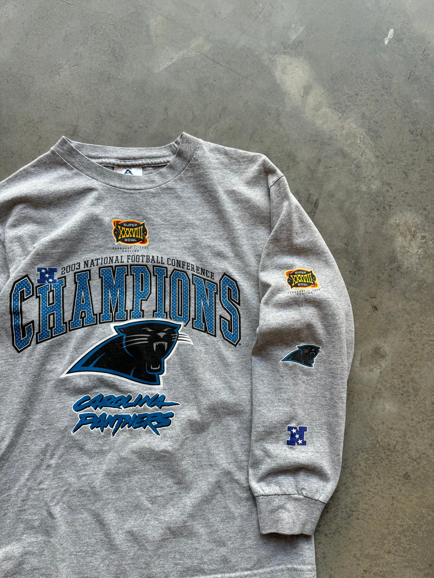 2003 Carolina Panthers NFC Champions Super Bowl XXXVIII Vintage NFL Longsleeve Tee (Medium)